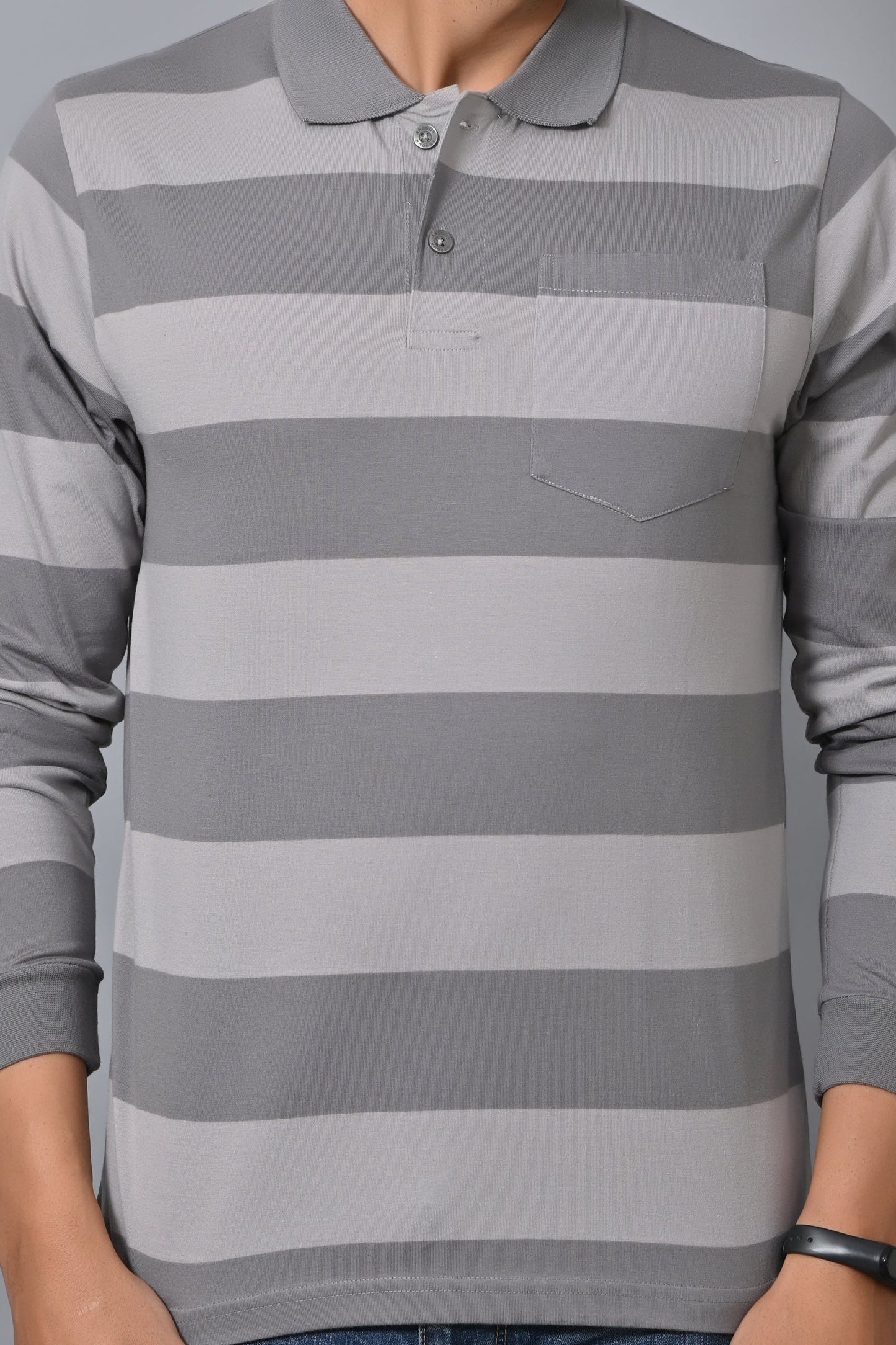 Arbour Men Polo Neck Pocket Stripes Full Sleeves T-Shirt