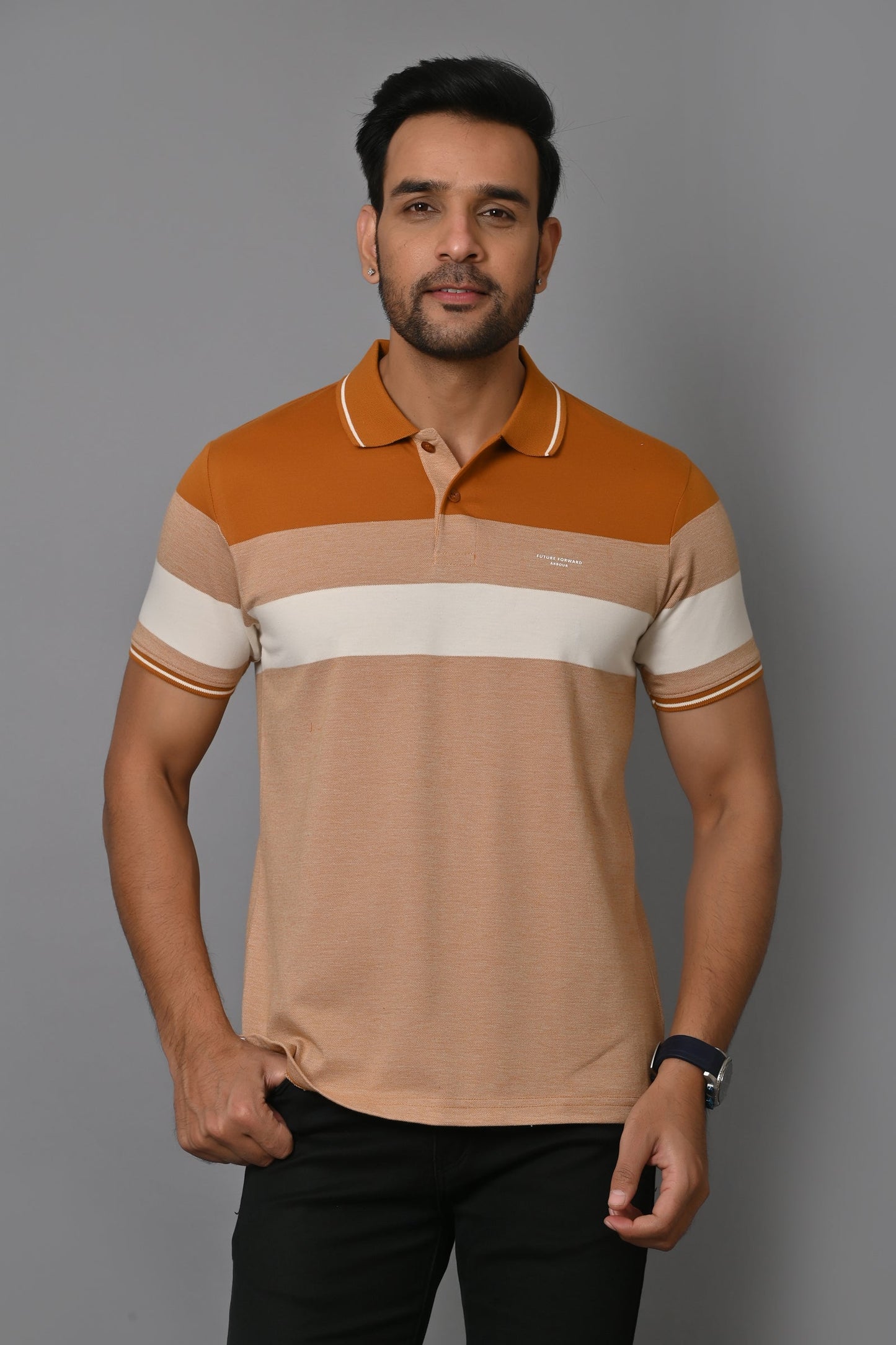 Arbour Men Polo Neck Stripes Casual Half Sleeves T-Shirt