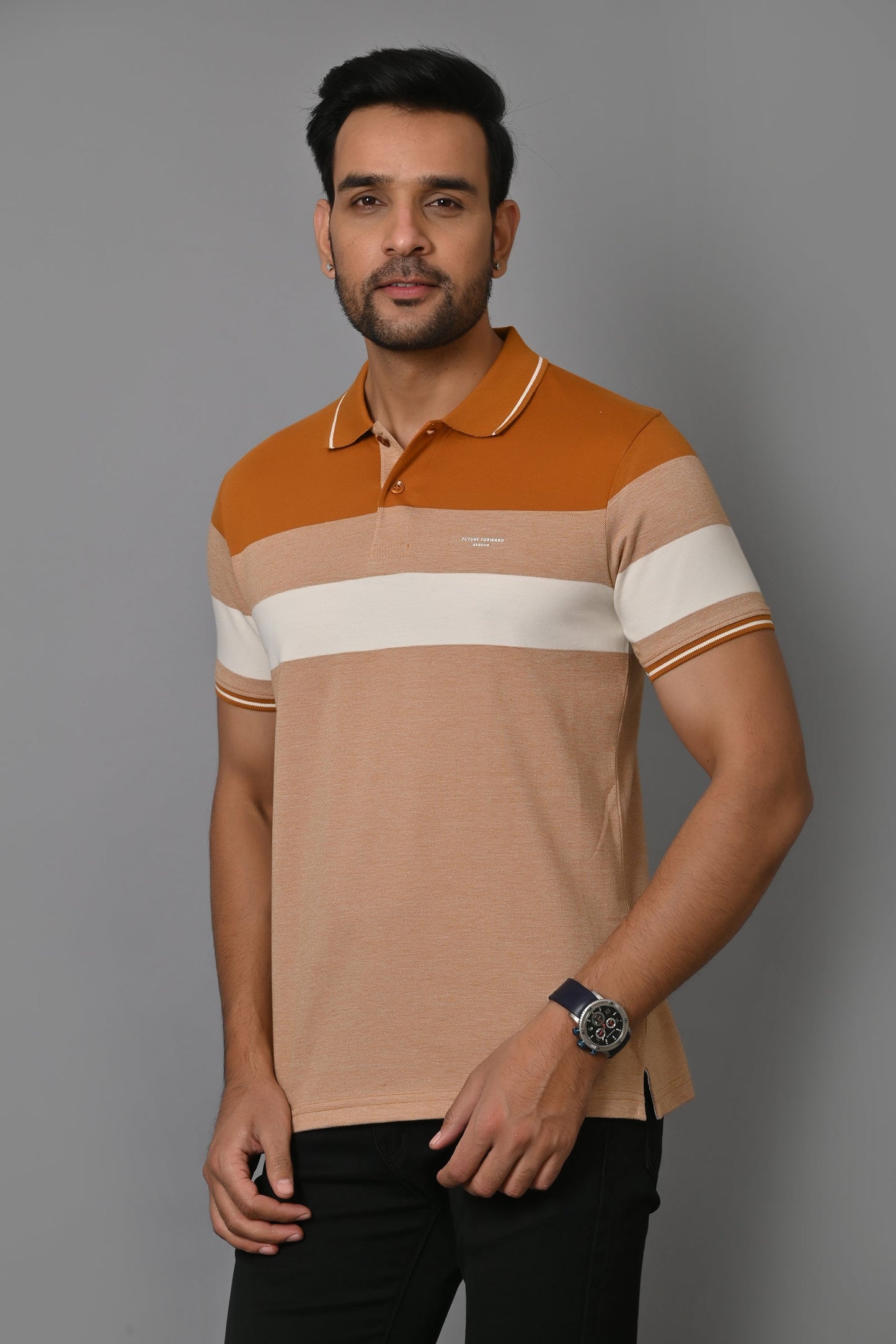 Arbour Men Polo Neck Stripes Casual Half Sleeves T-Shirt