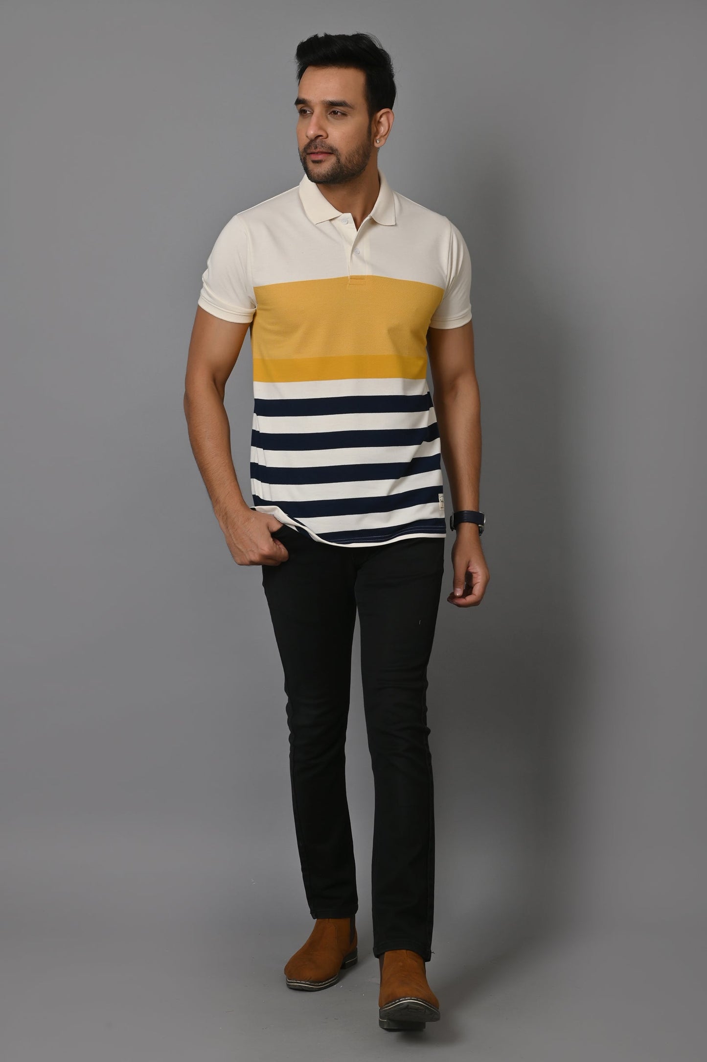 Men Striped Polo Neck Cotton Blend Half Sleeve T-Shirt