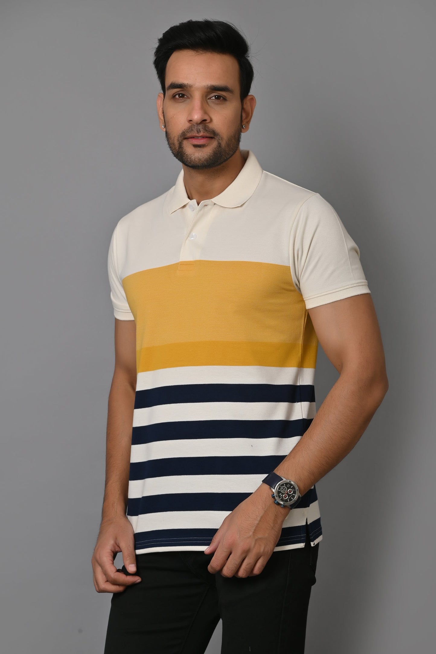 Men Striped Polo Neck Cotton Blend Half Sleeve T-Shirt