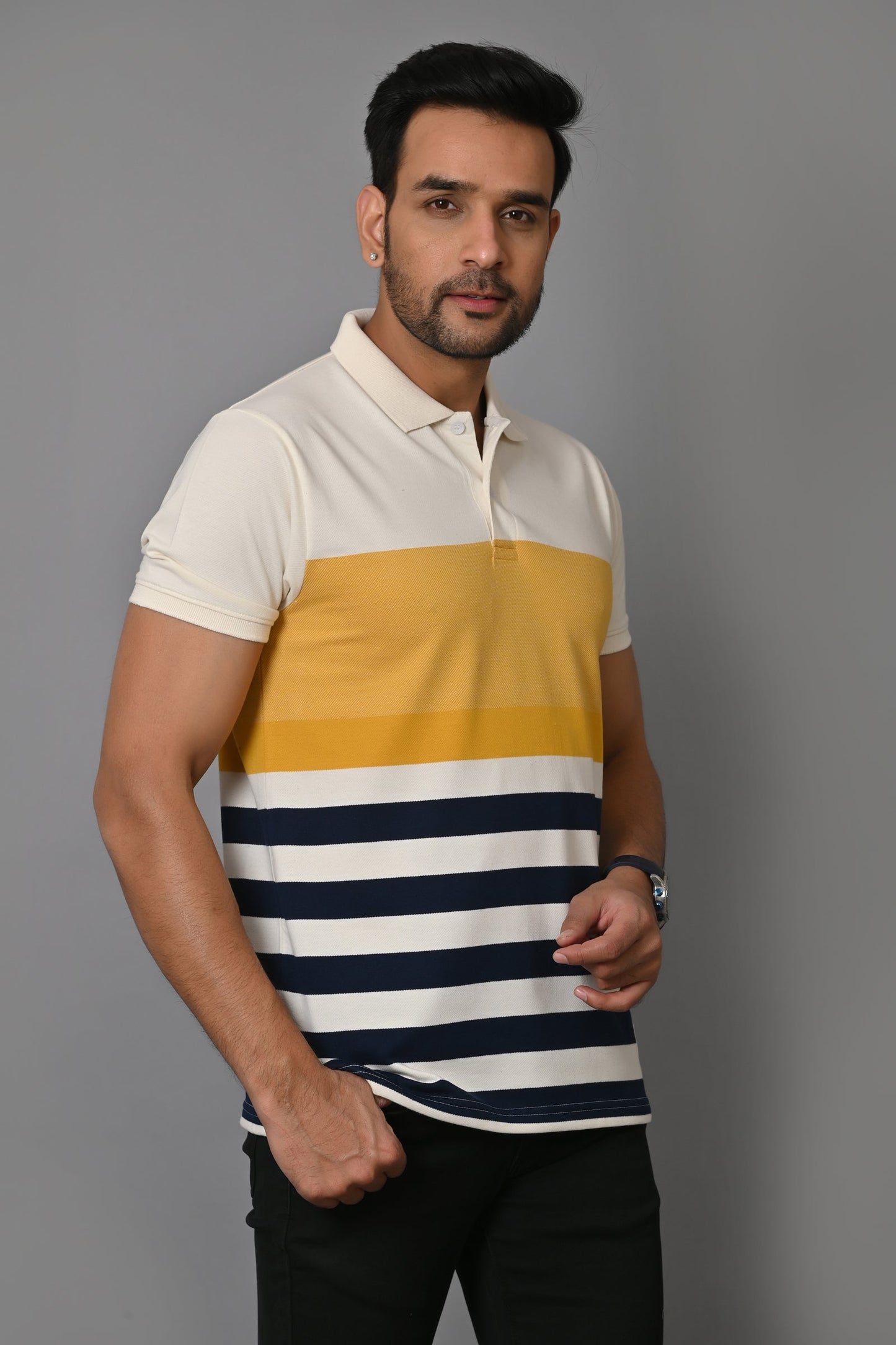 Men Striped Polo Neck Cotton Blend Half Sleeve T-Shirt