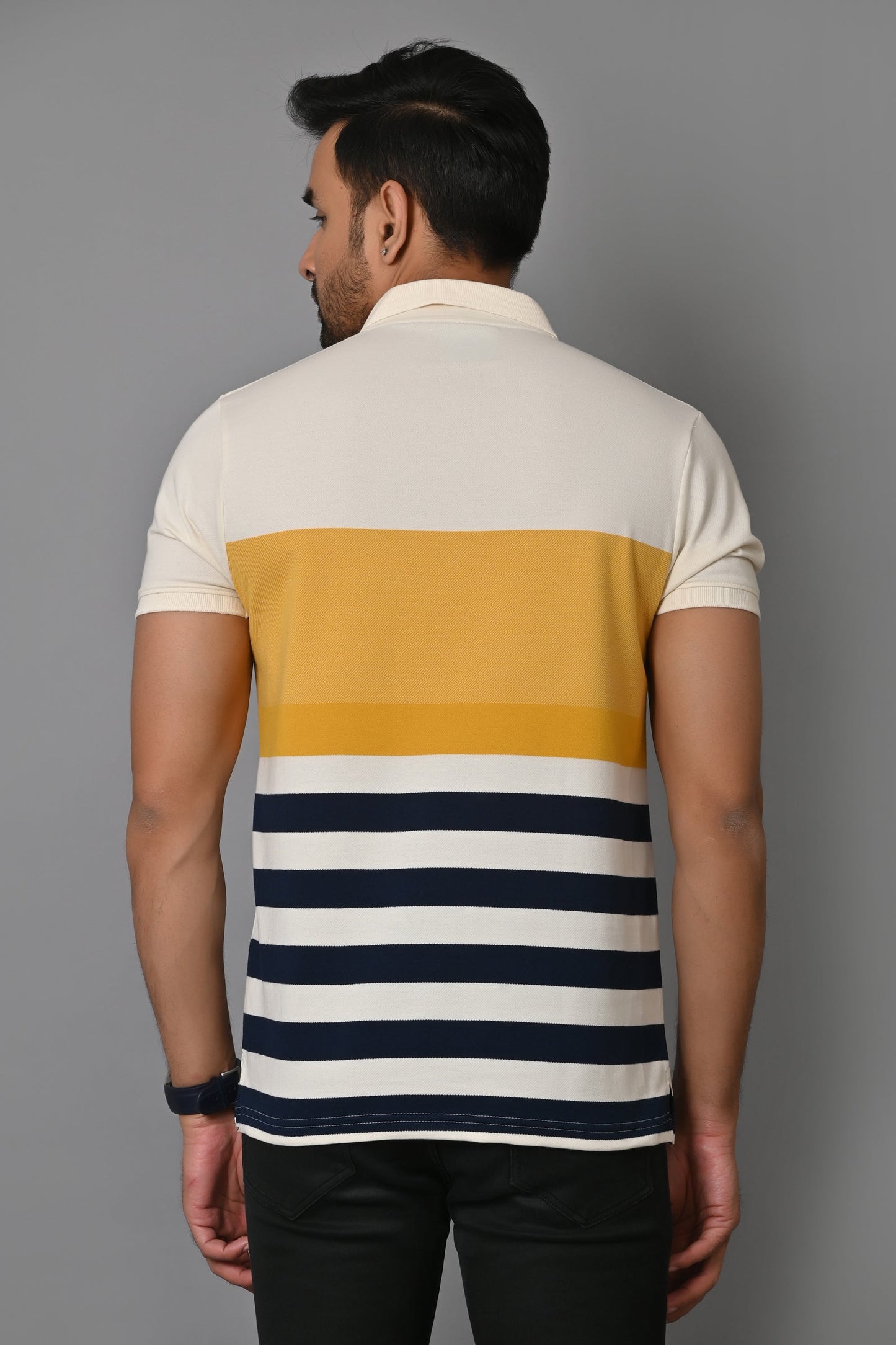 Men Striped Polo Neck Cotton Blend Half Sleeve T-Shirt