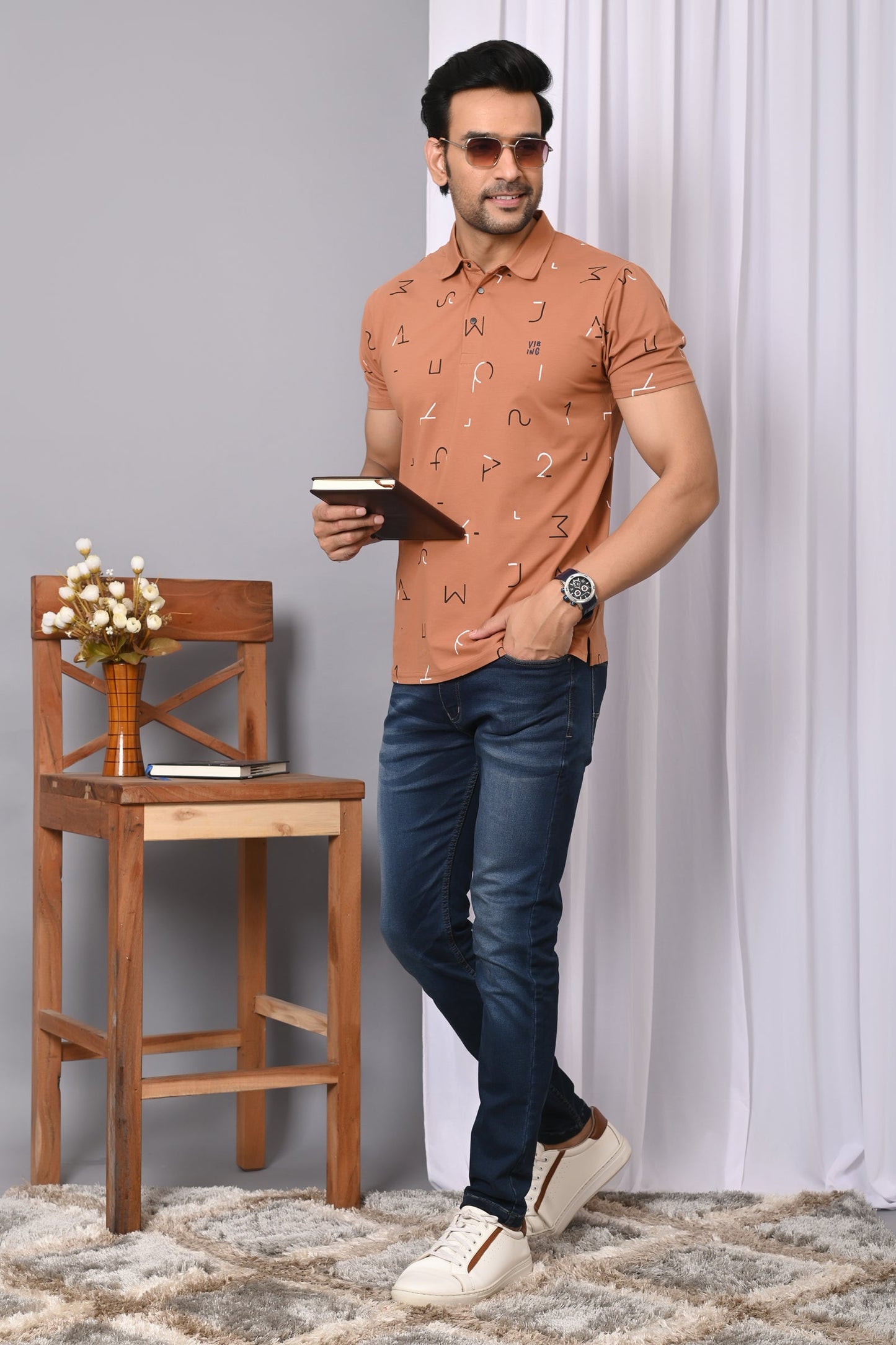 Arbour Men Polo Neck All Over Print Cotton Half Sleeves T-Shirt