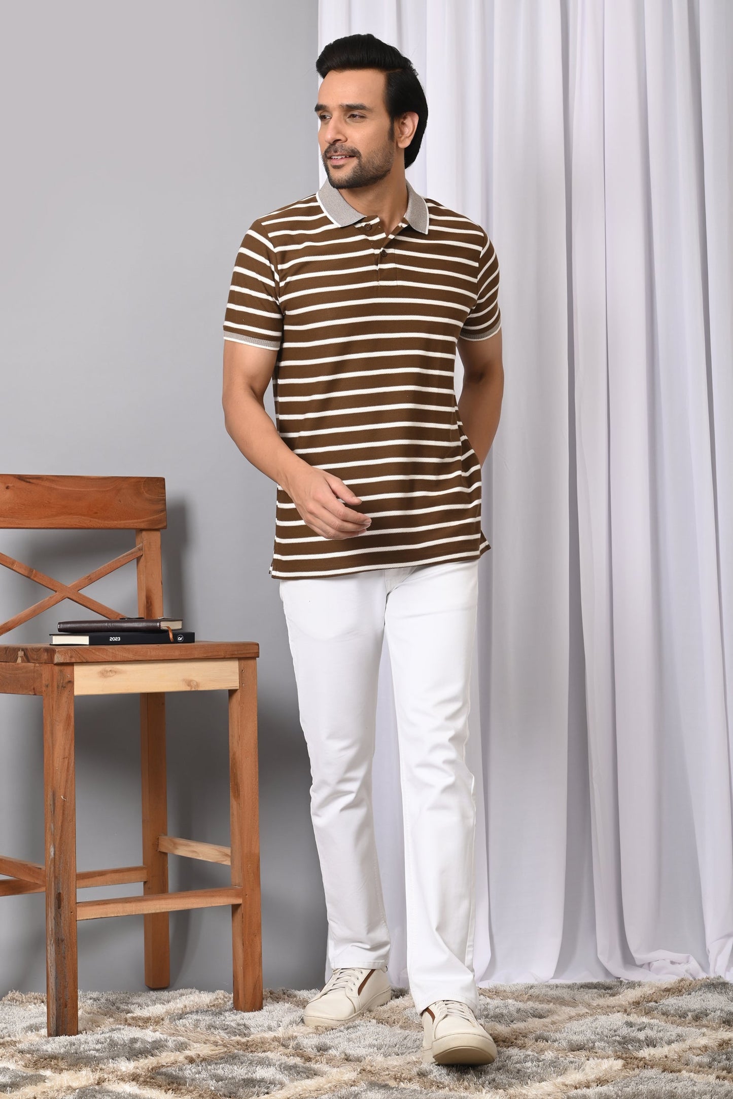 Arbour Men Polo Neck Stripes Casual Half Sleeves T-Shirt