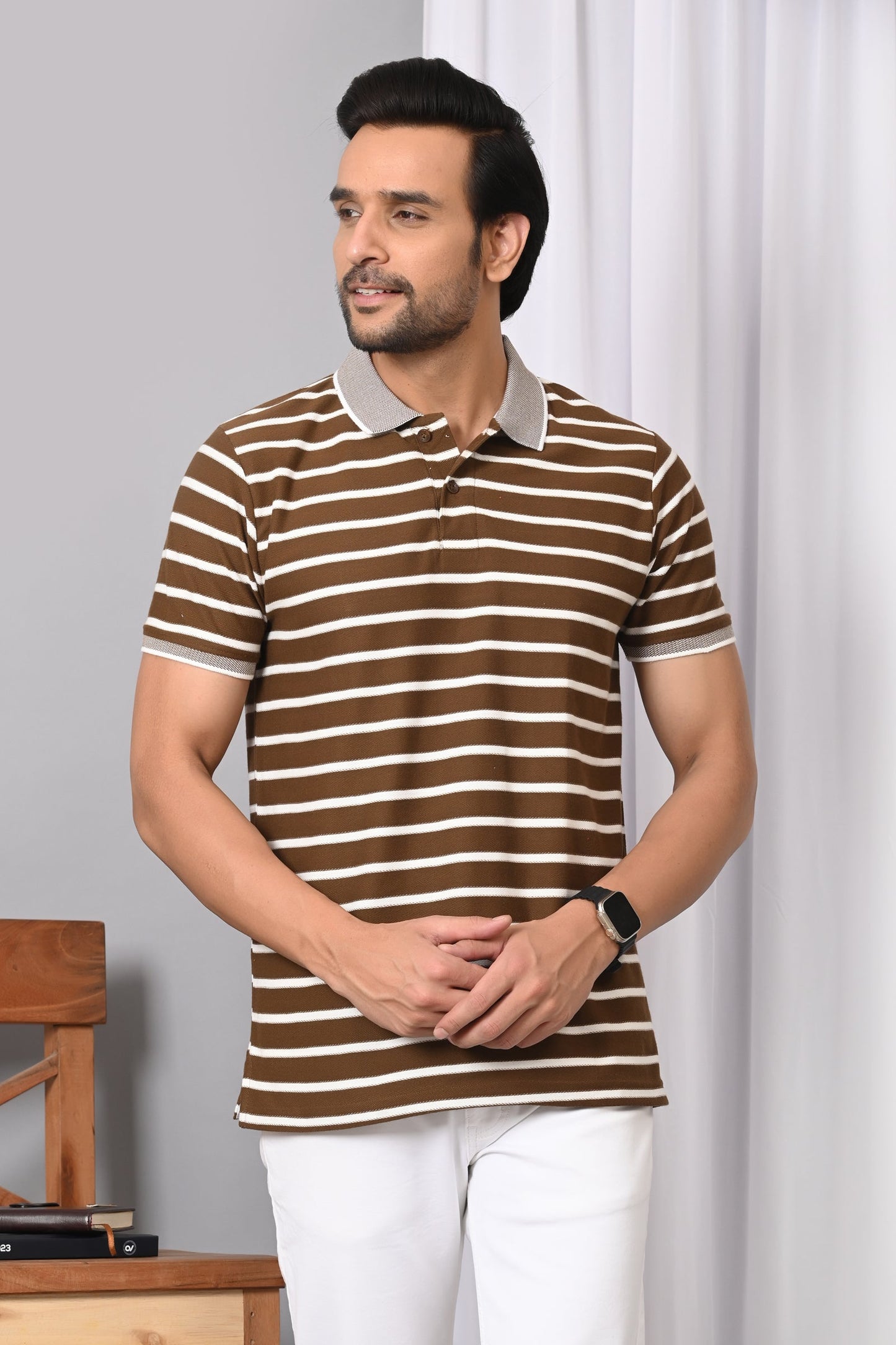 Arbour Men Polo Neck Stripes Casual Half Sleeves T-Shirt