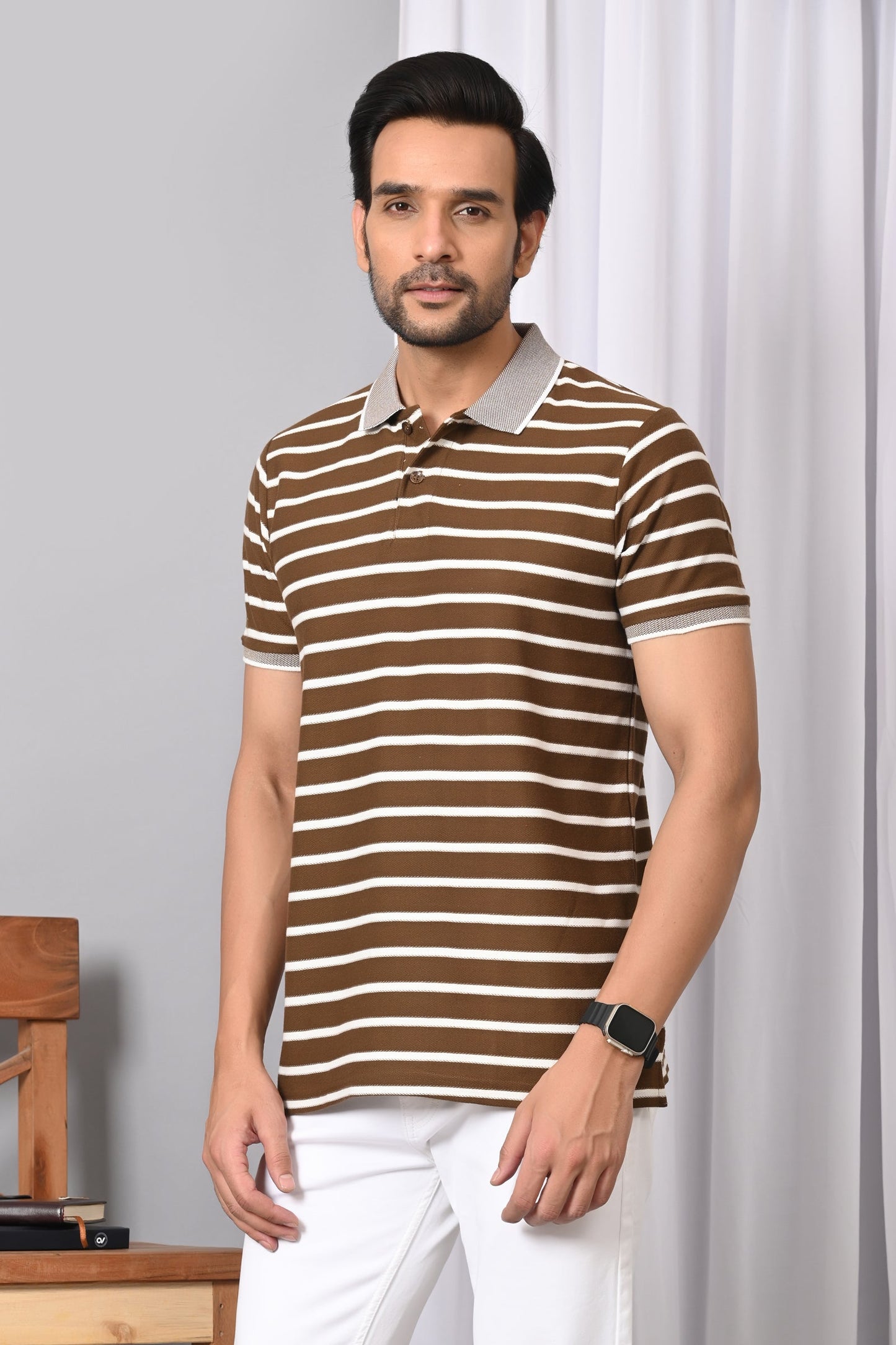 Arbour Men Polo Neck Stripes Casual Half Sleeves T-Shirt