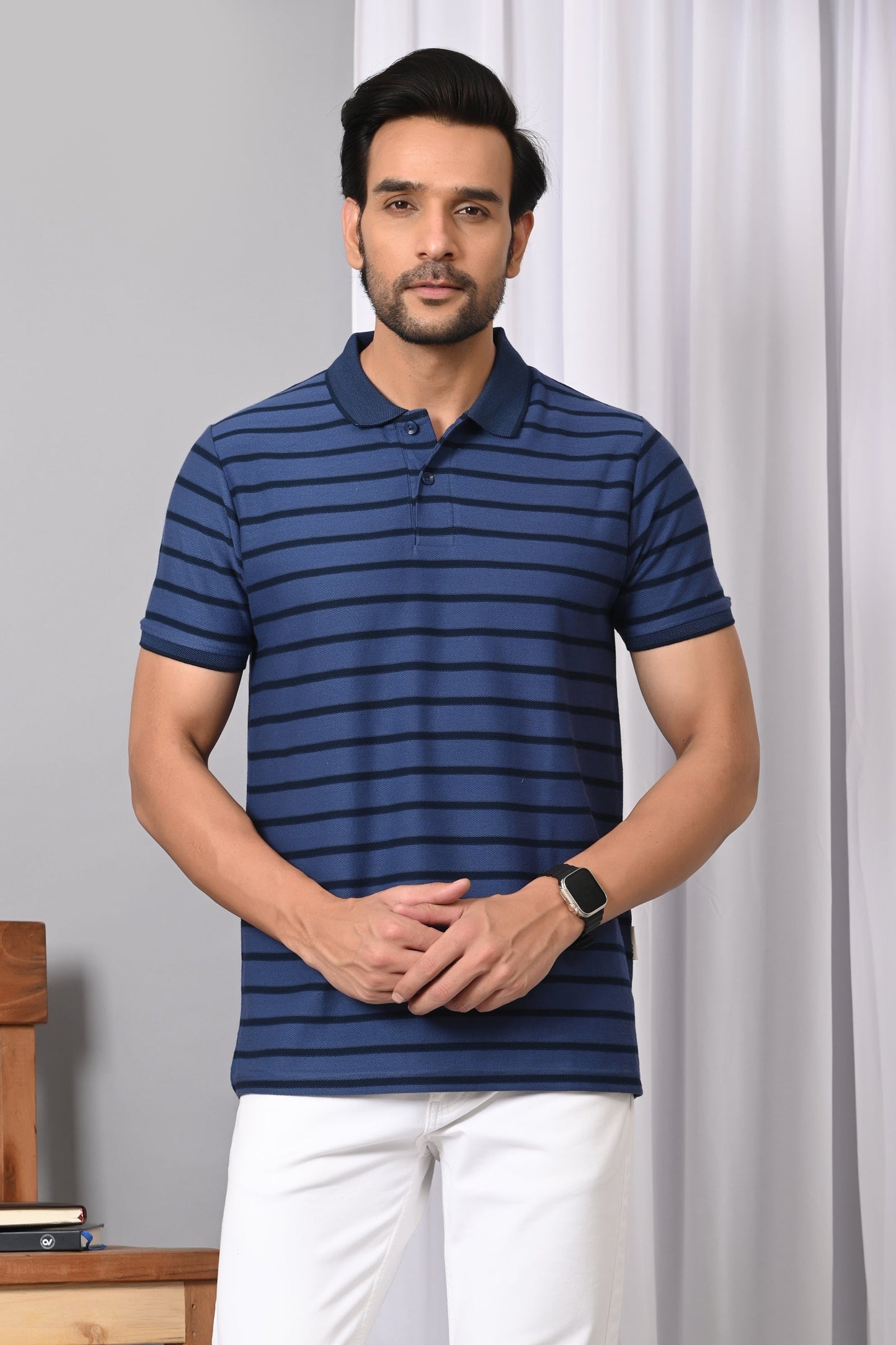 Arbour Men Polo Neck Stripes Casual Half Sleeves T-Shirt