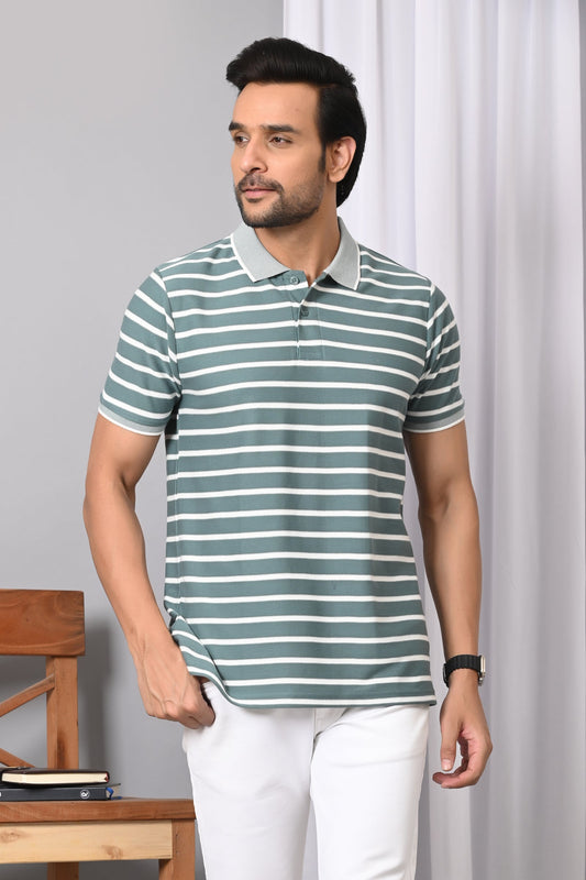 Arbour Men Polo Neck Stripes Casual Half Sleeves T-Shirt