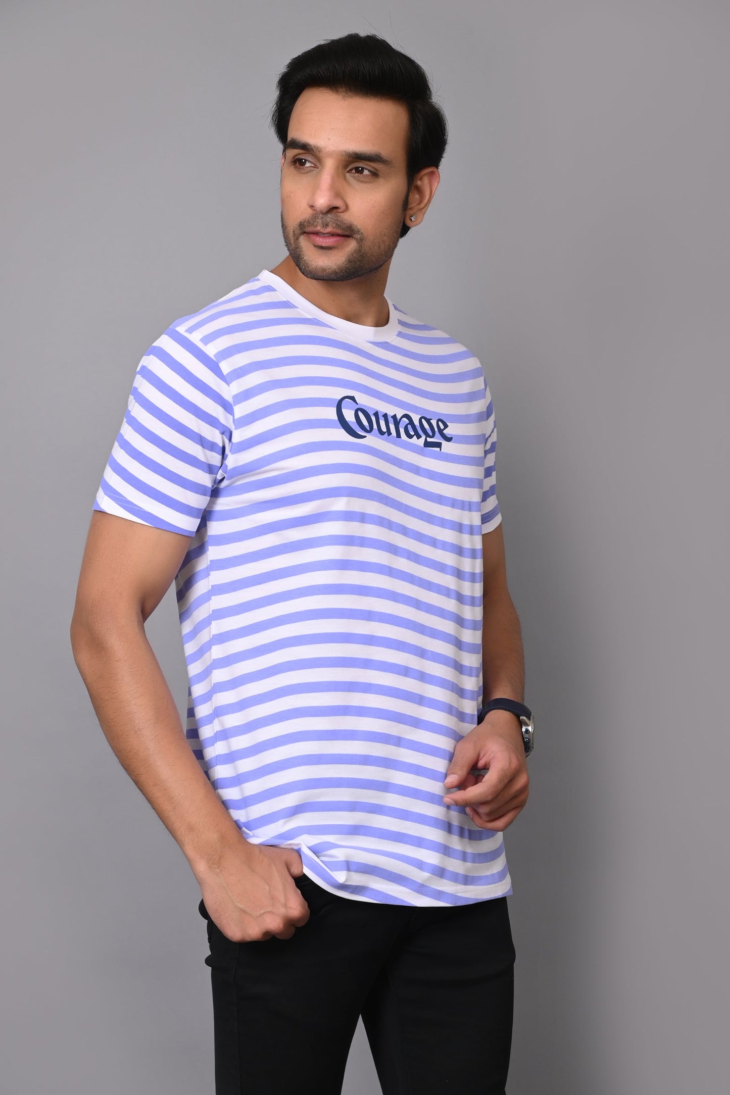 Arbour Men Round Neck Stripes Chest Print Half Sleeves T-Shirt