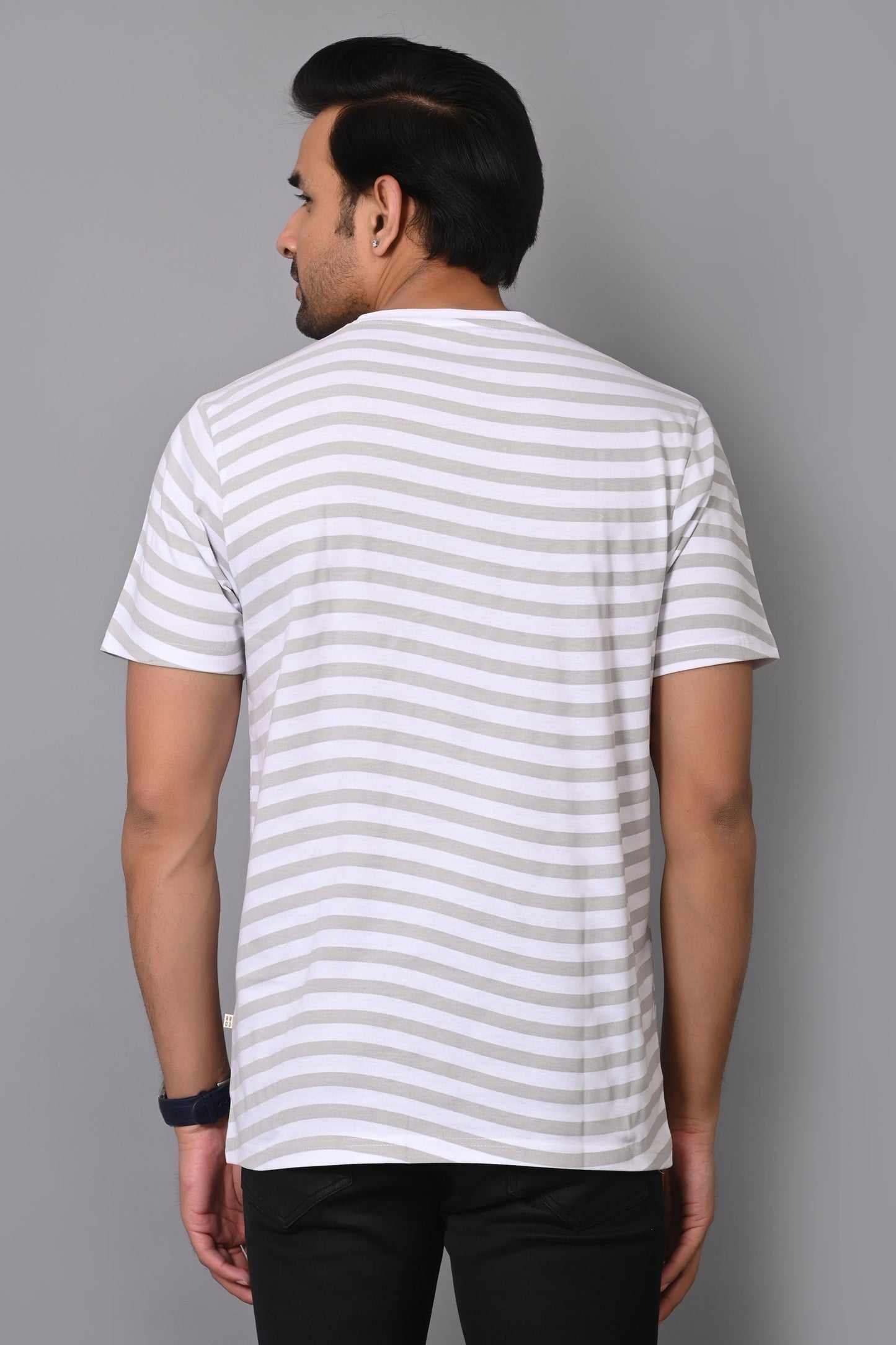 Arbour Men Round Neck Stripes Chest Print Half Sleeves T-Shirt