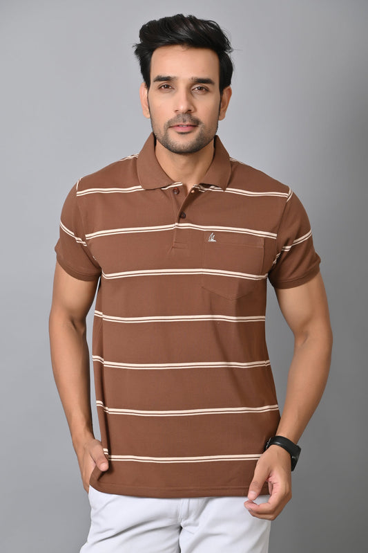 Arbour Men Polo Neck Stripes Pocket Half Sleeves T-Shirt