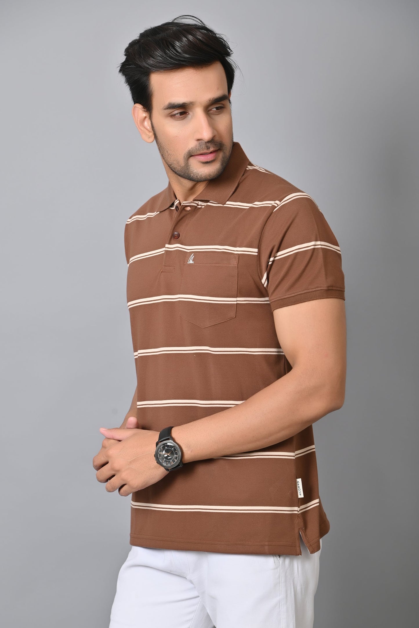 Arbour Men Polo Neck Stripes Pocket Half Sleeves T-Shirt