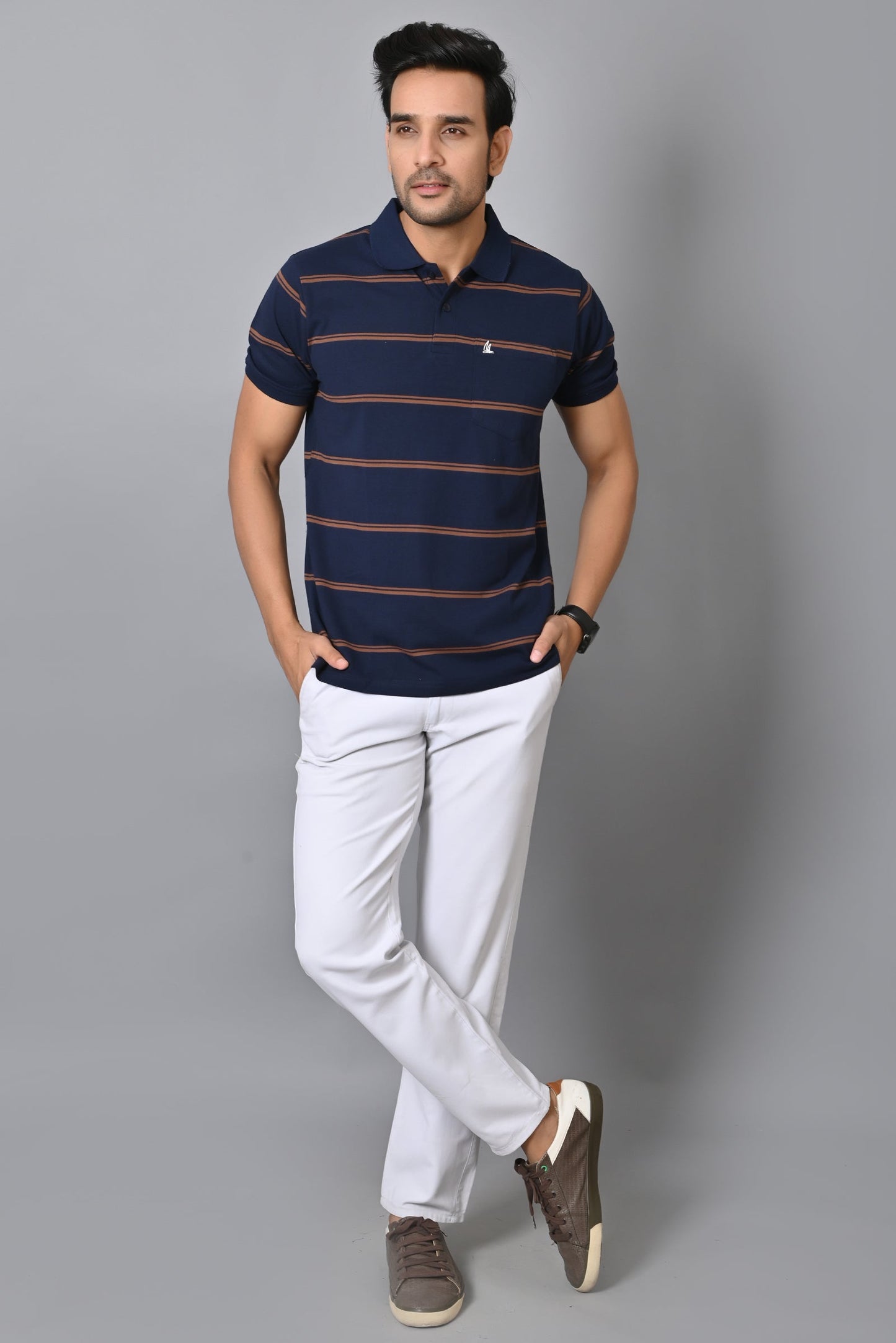 Arbour Men Polo Neck Stripes Pocket Half Sleeves T-Shirt