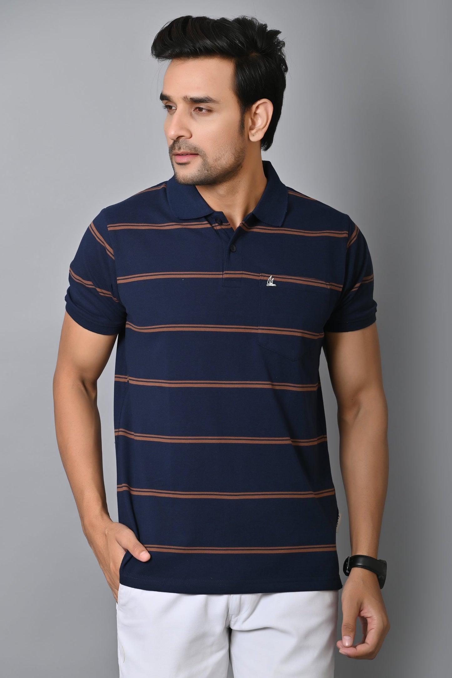 Arbour Men Polo Neck Stripes Pocket Half Sleeves T-Shirt