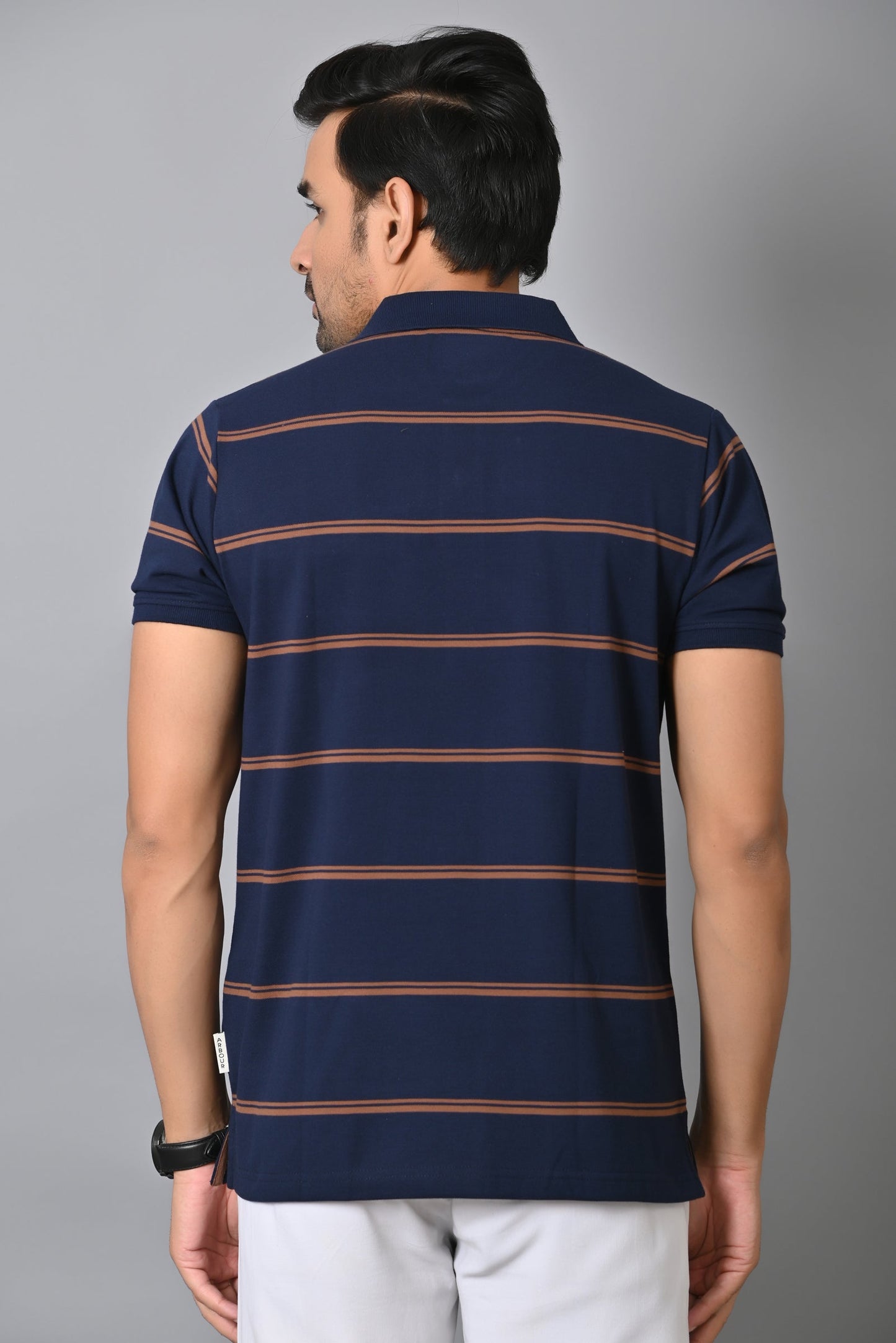 Arbour Men Polo Neck Stripes Pocket Half Sleeves T-Shirt