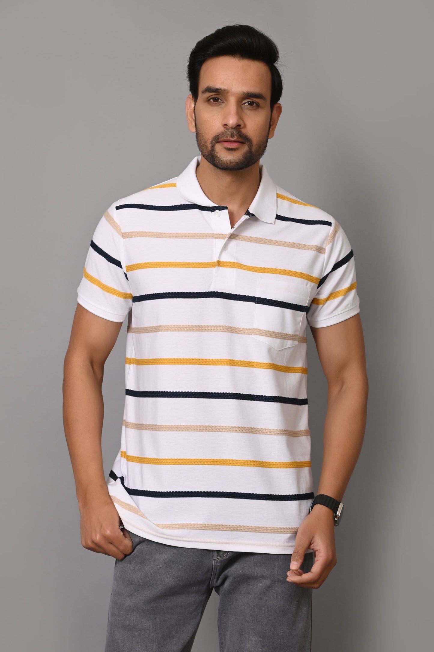 Arbour Men Collar Neck Stripes Pocket Casual Half Sleeves T-Shirt