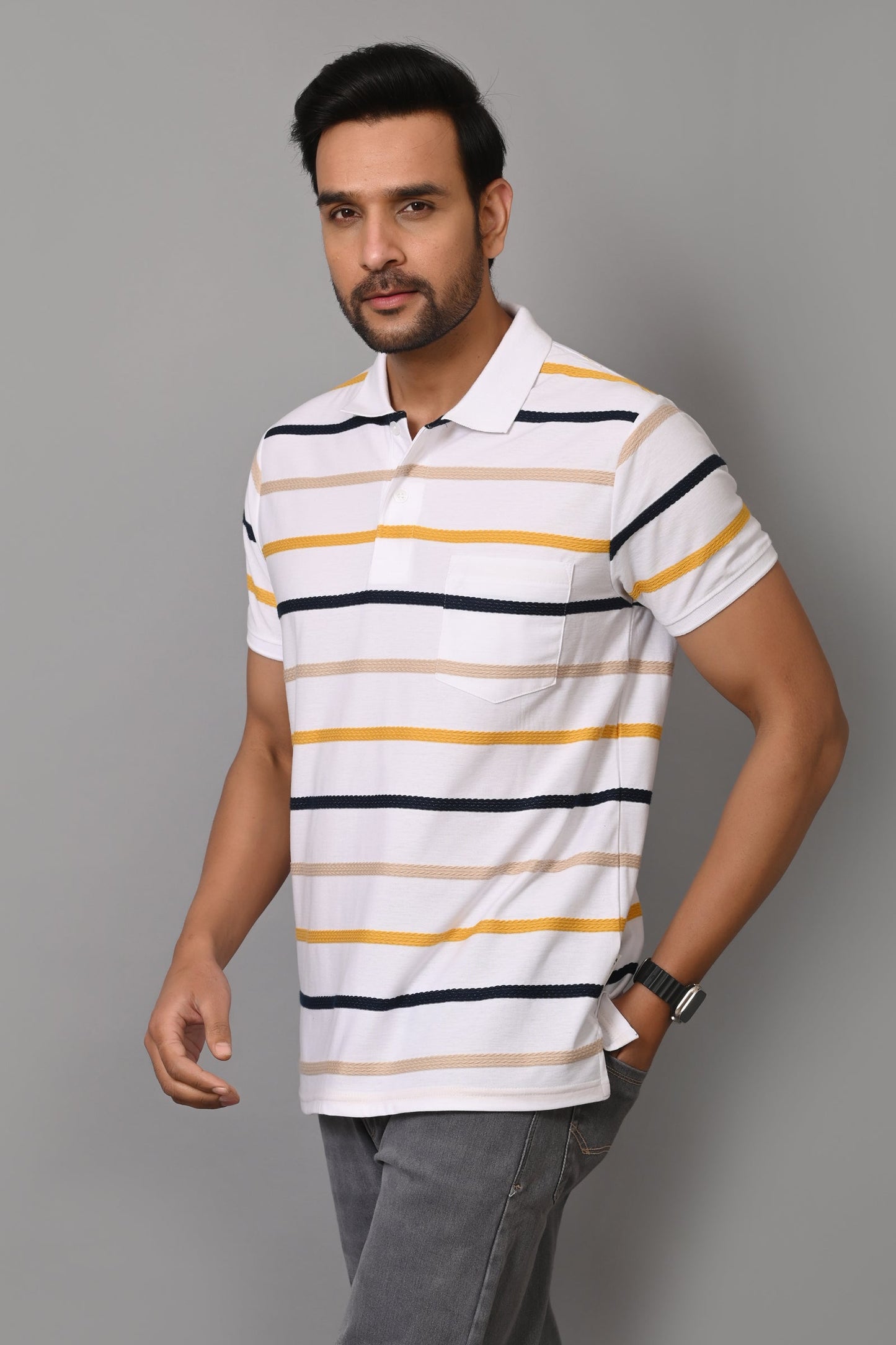 Arbour Men Collar Neck Stripes Pocket Casual Half Sleeves T-Shirt