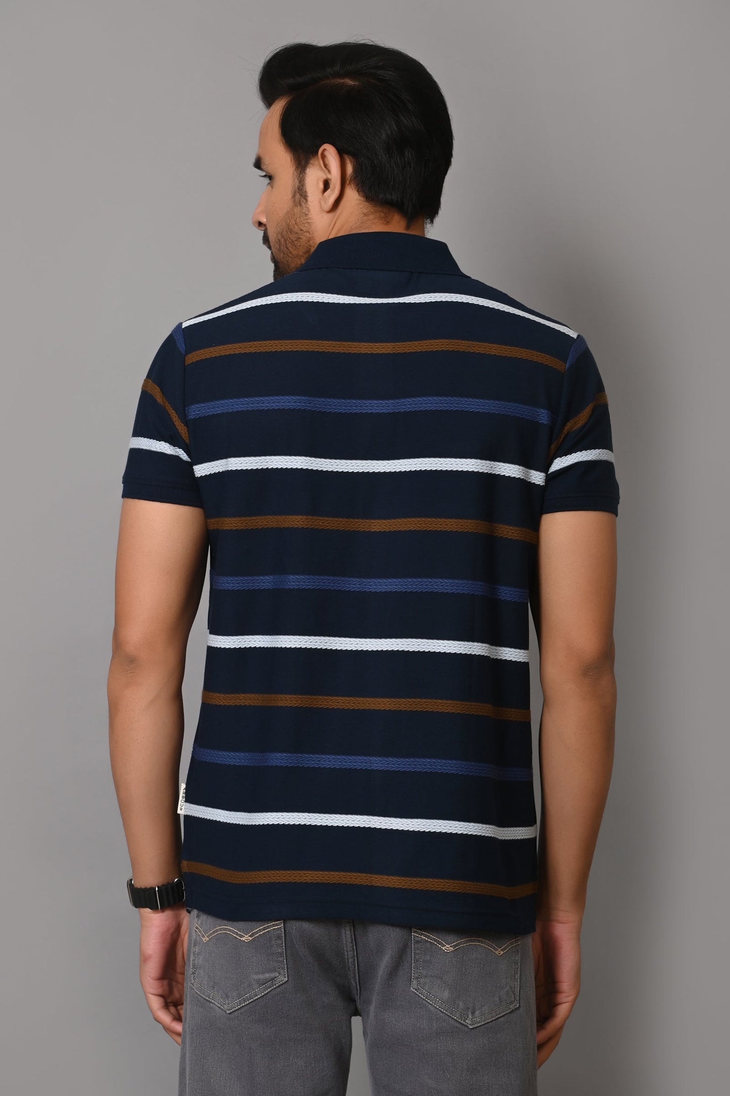 Arbour Men Collar Neck Stripes Pocket Casual Half Sleeves T-Shirt