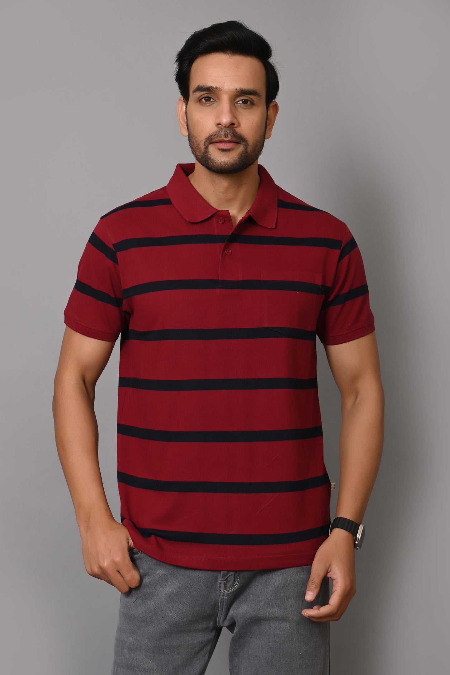 Arbour Men Polo Neck Stripes Pocket Half Sleeves T-Shirt