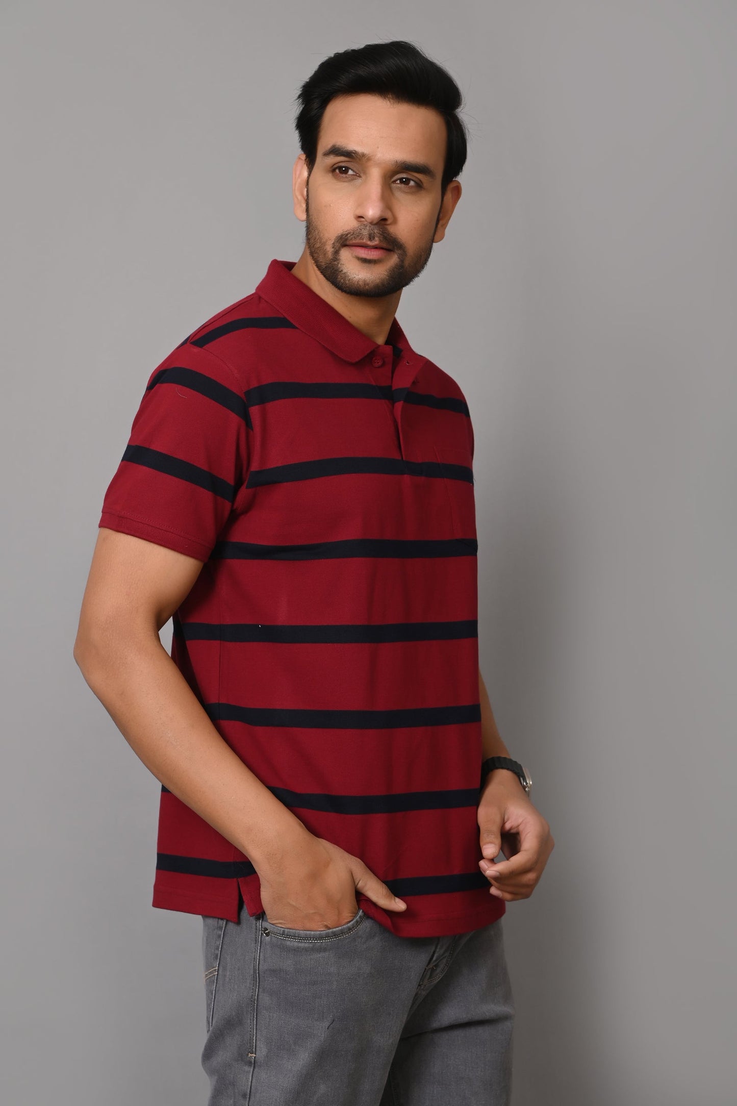 Arbour Men Polo Neck Stripes Pocket Half Sleeves T-Shirt