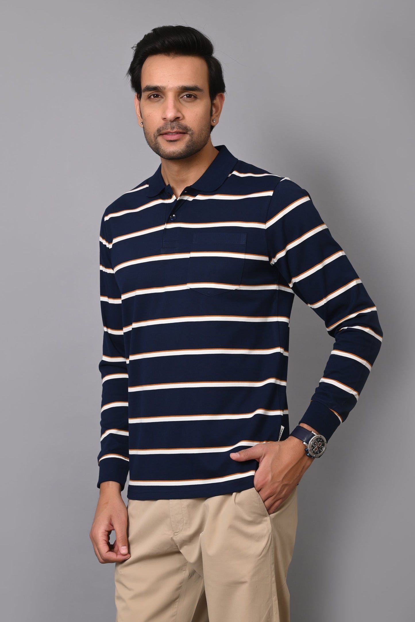 Arbour Men Polo Neck Stripes Pocket Full Sleeves T-Shirt