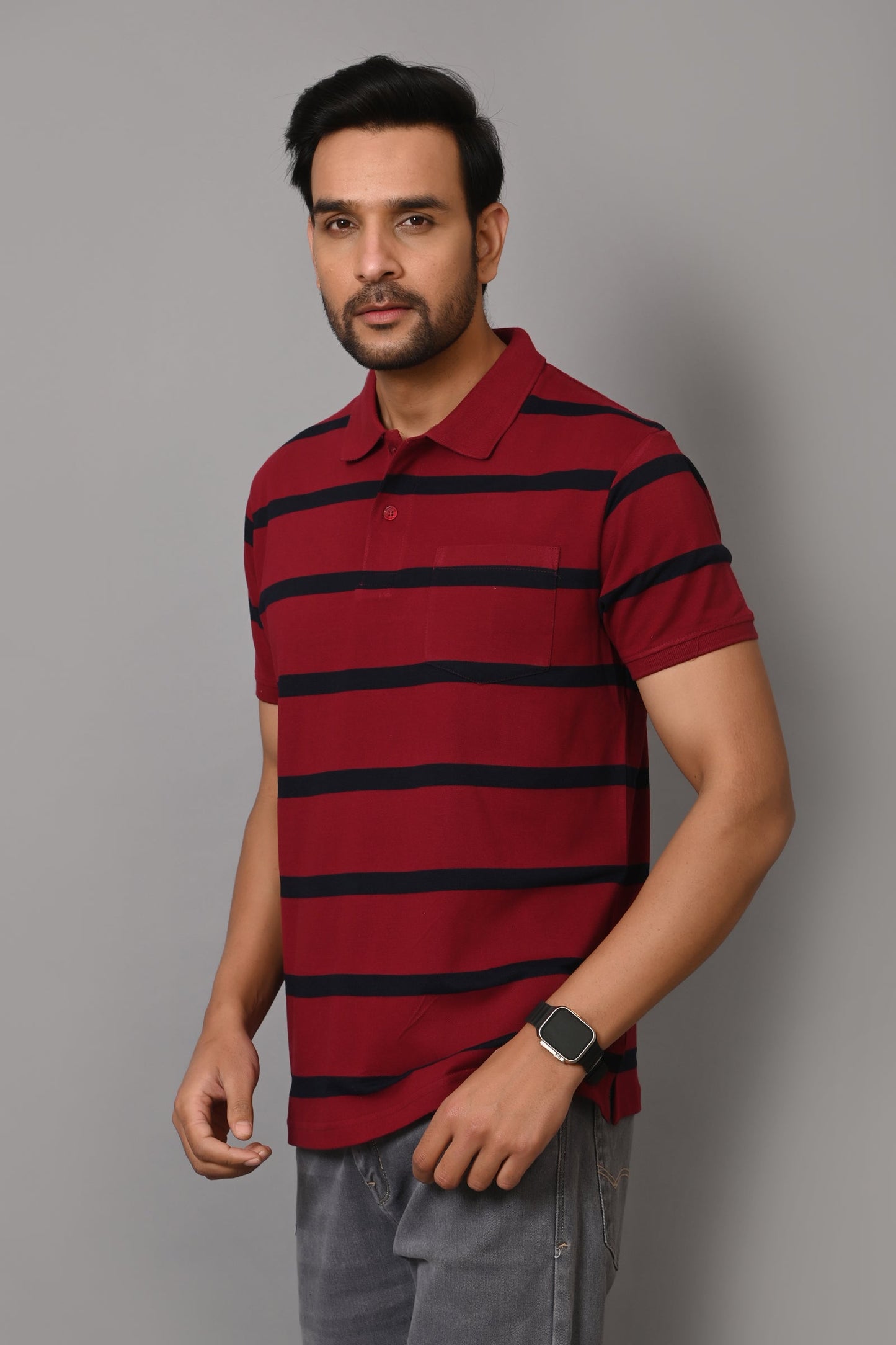 Arbour Men Polo Neck Stripes Pocket Half Sleeves T-Shirt