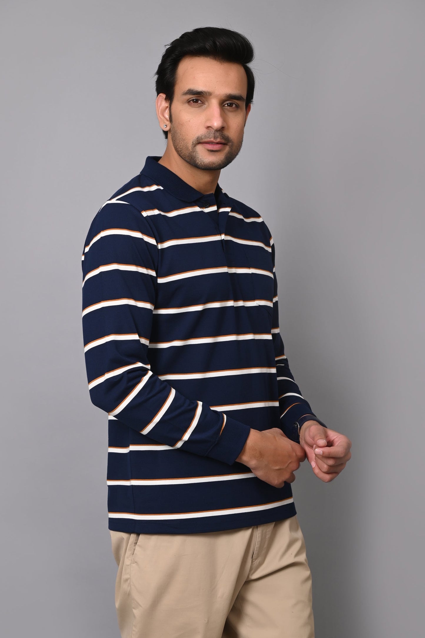 Arbour Men Polo Neck Stripes Pocket Full Sleeves T-Shirt