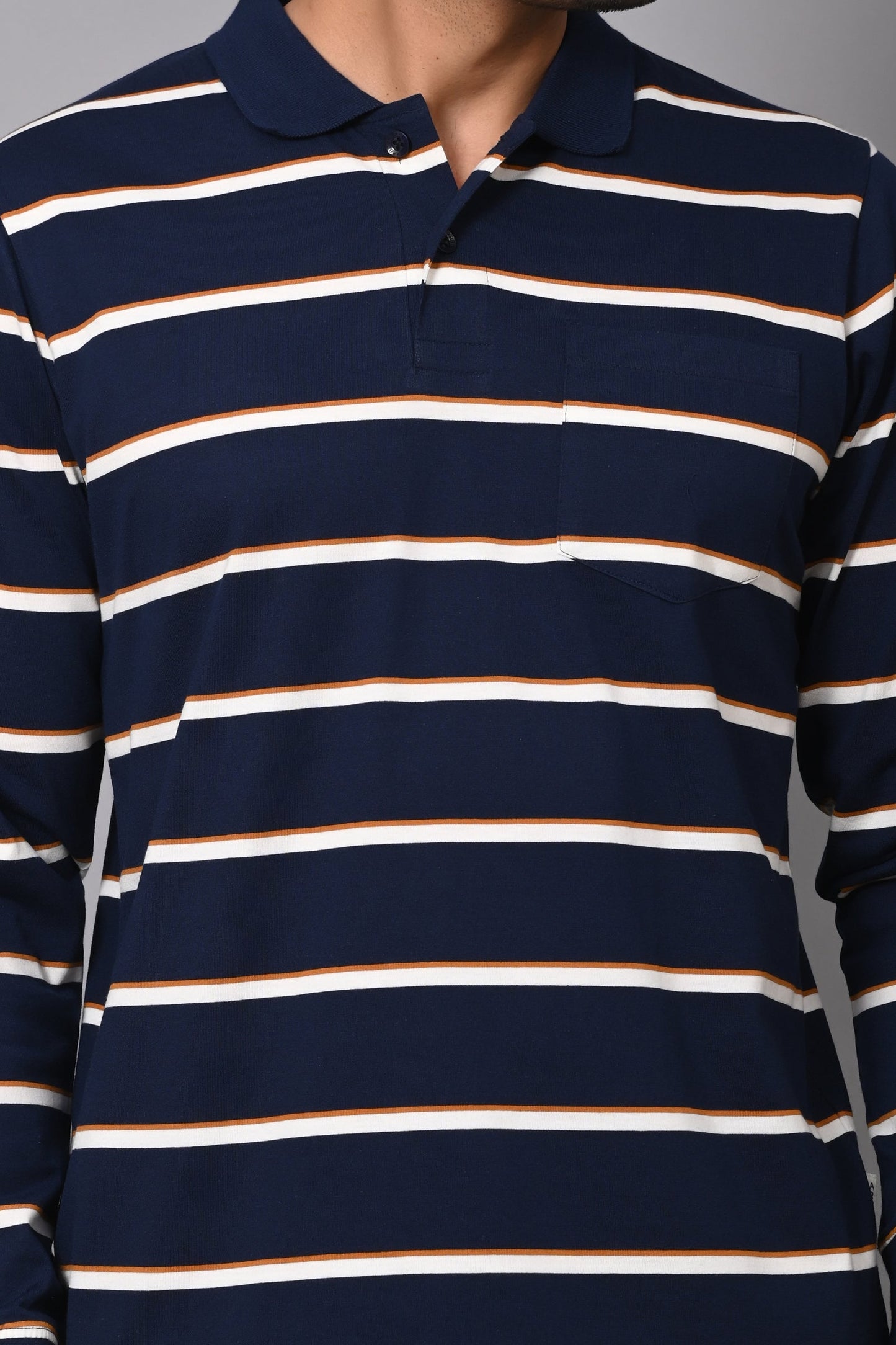 Arbour Men Polo Neck Stripes Pocket Full Sleeves T-Shirt