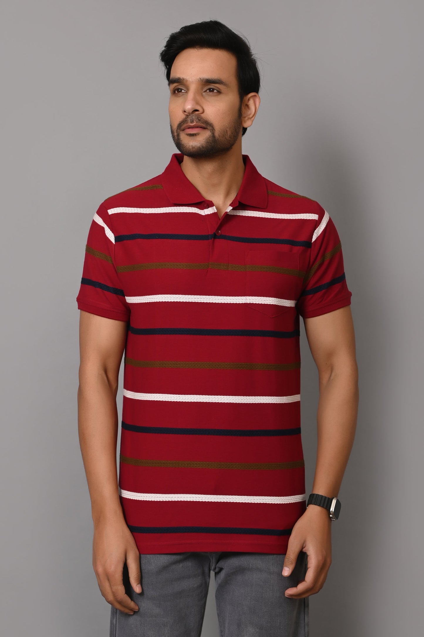 Arbour Men Collar Neck Stripes Pocket Casual Half Sleeves T-Shirt