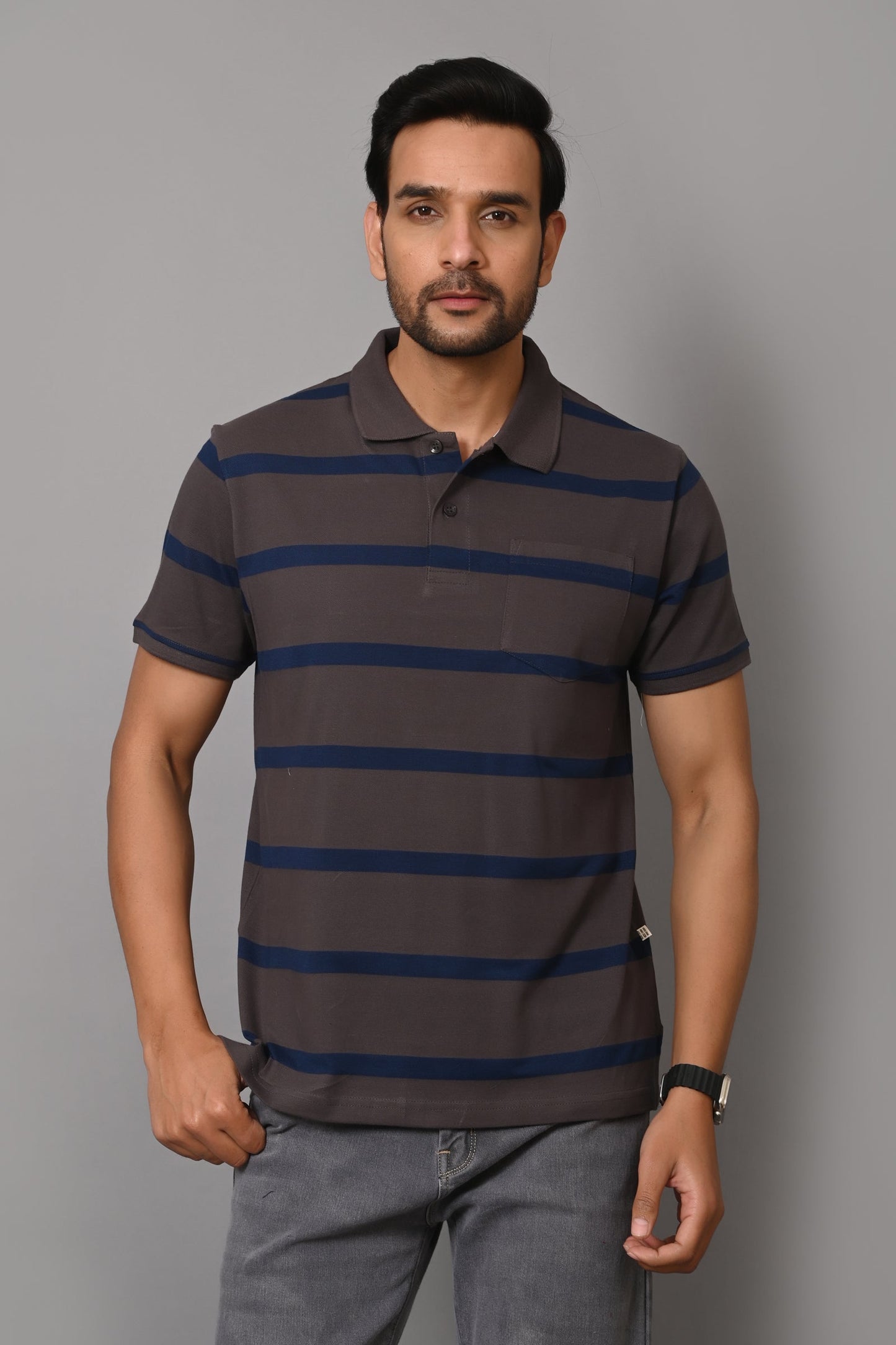 Arbour Men Polo Neck Stripes Pocket Half Sleeves T-Shirt