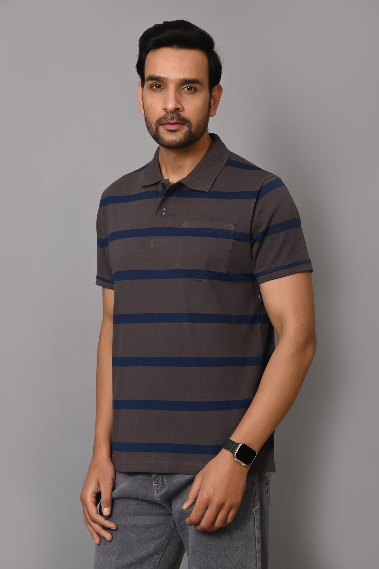 Arbour Men Polo Neck Stripes Pocket Half Sleeves T-Shirt