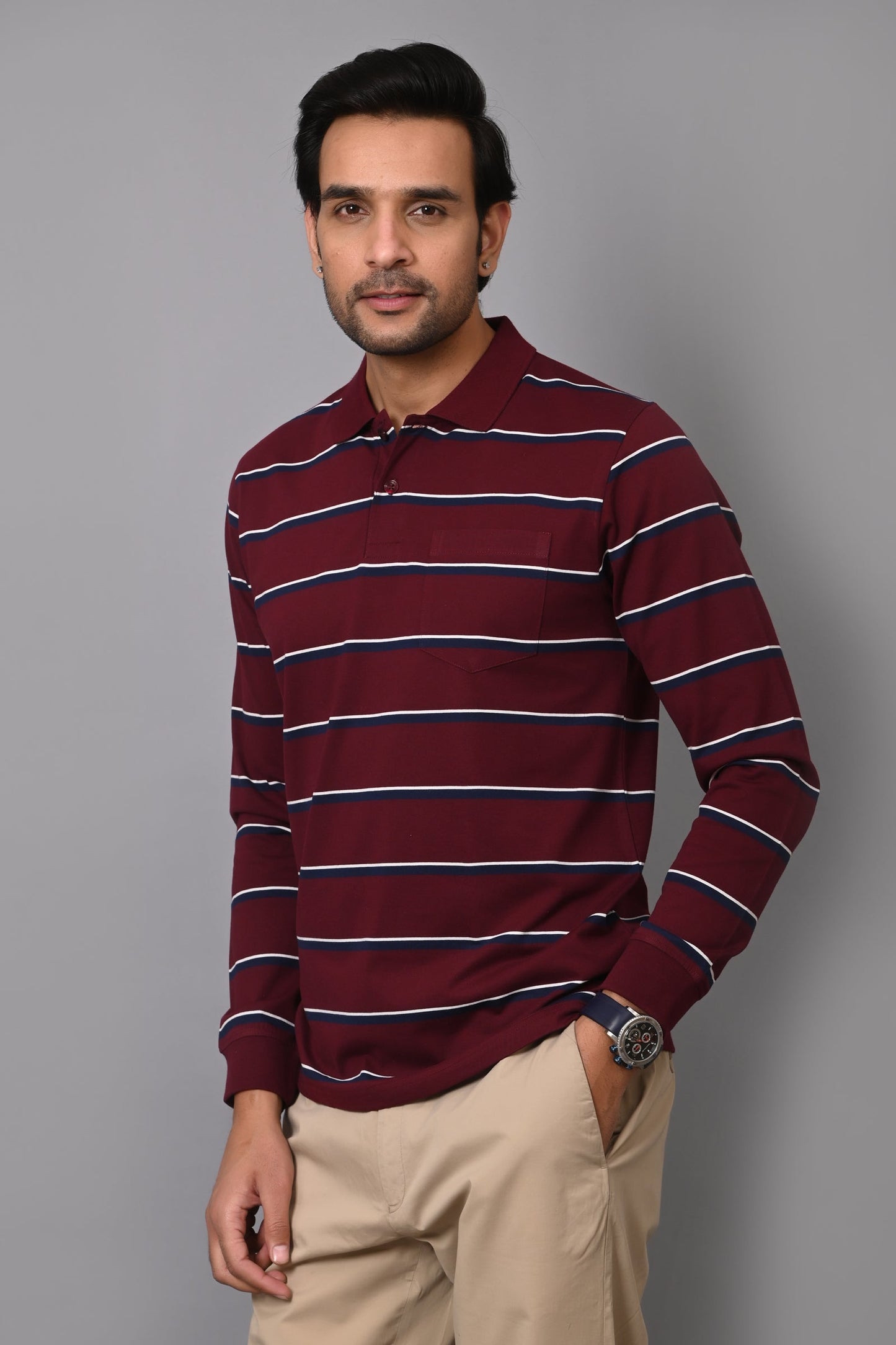 Arbour Men Polo Neck Stripes Pocket Full Sleeves T-Shirt