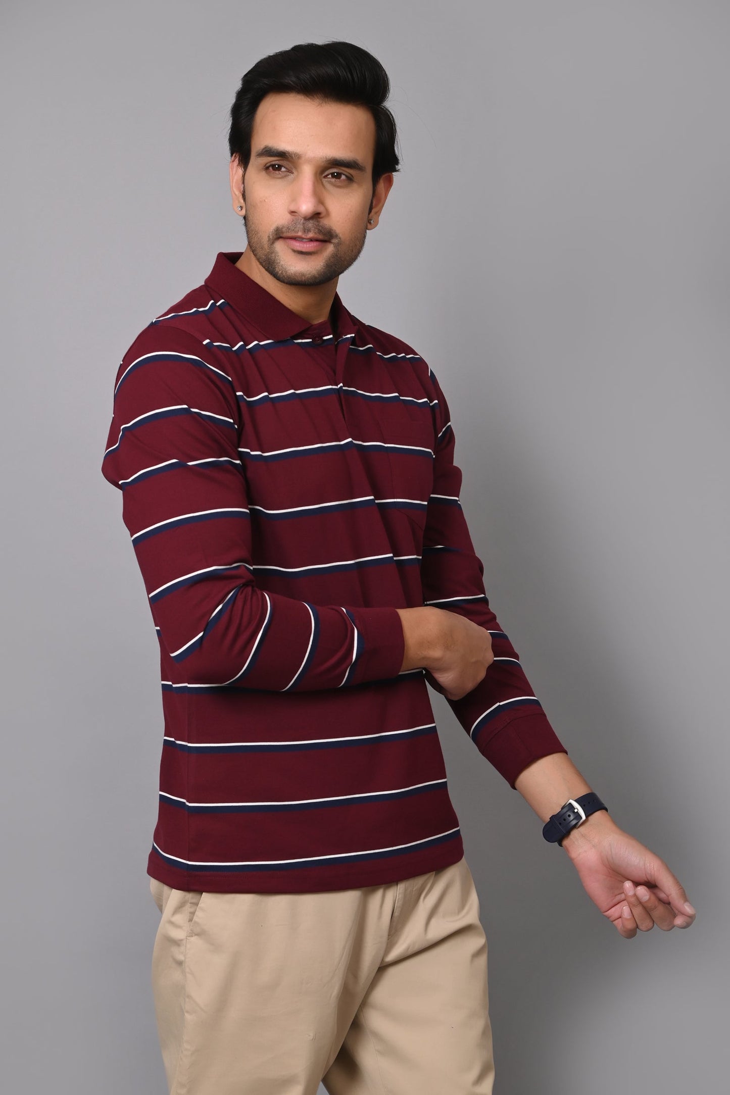 Arbour Men Polo Neck Stripes Pocket Full Sleeves T-Shirt