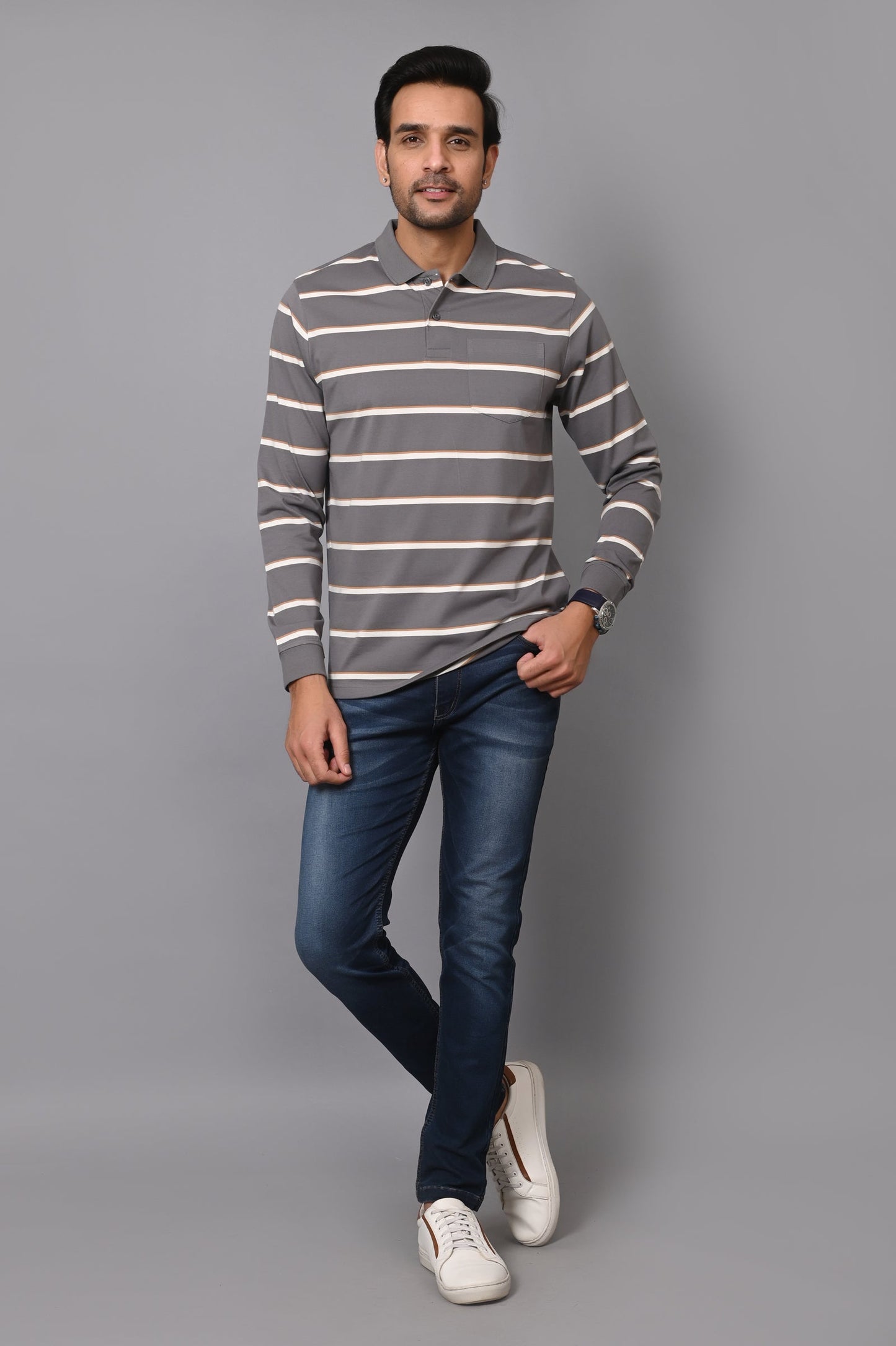 Arbour Men Polo Neck Stripes Pocket Full Sleeves T-Shirt