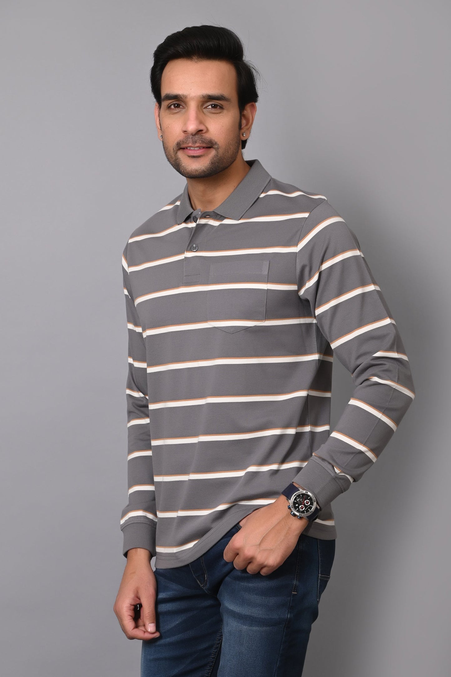 Arbour Men Polo Neck Stripes Pocket Full Sleeves T-Shirt