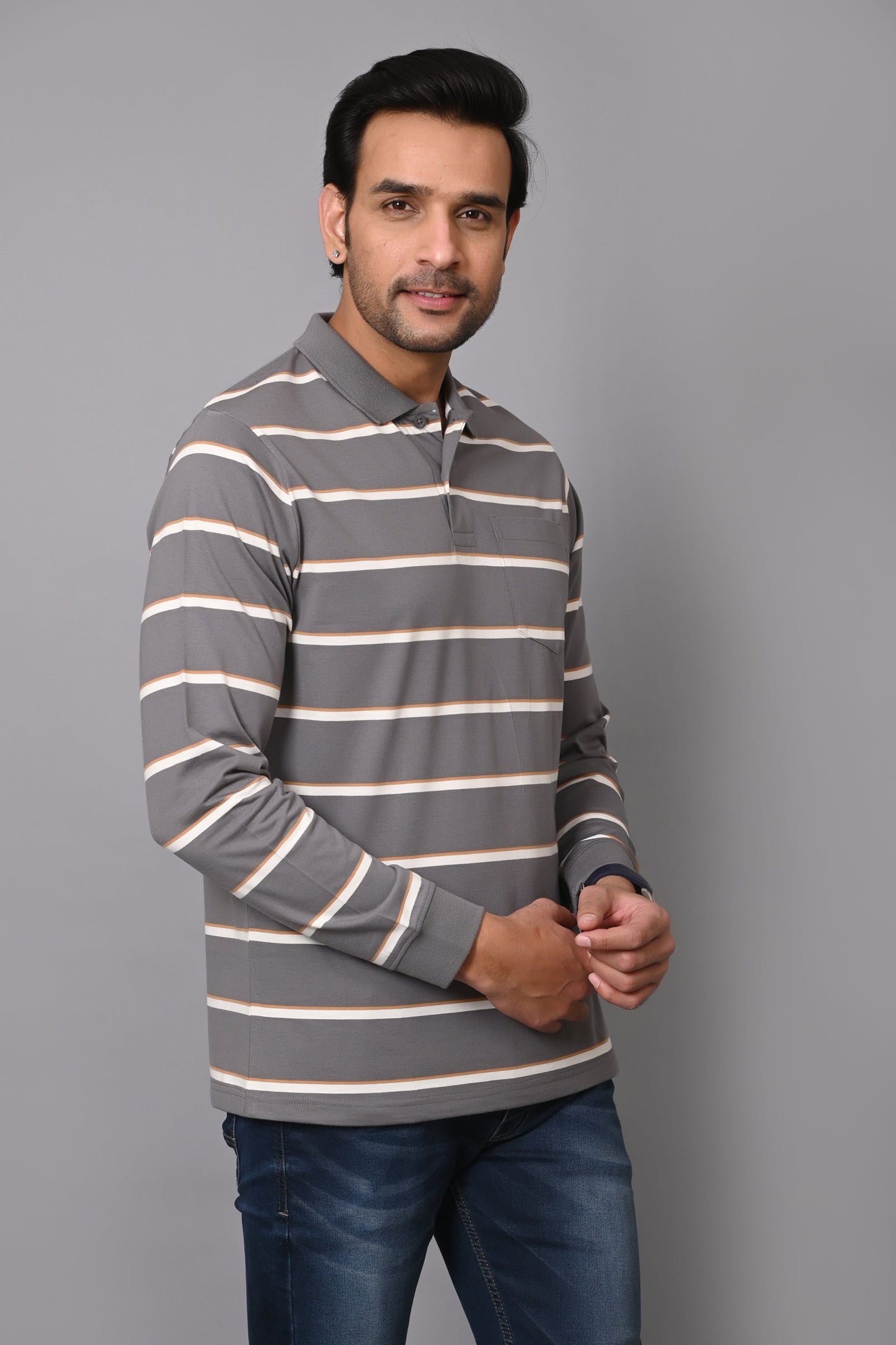 Arbour Men Polo Neck Stripes Pocket Full Sleeves T-Shirt