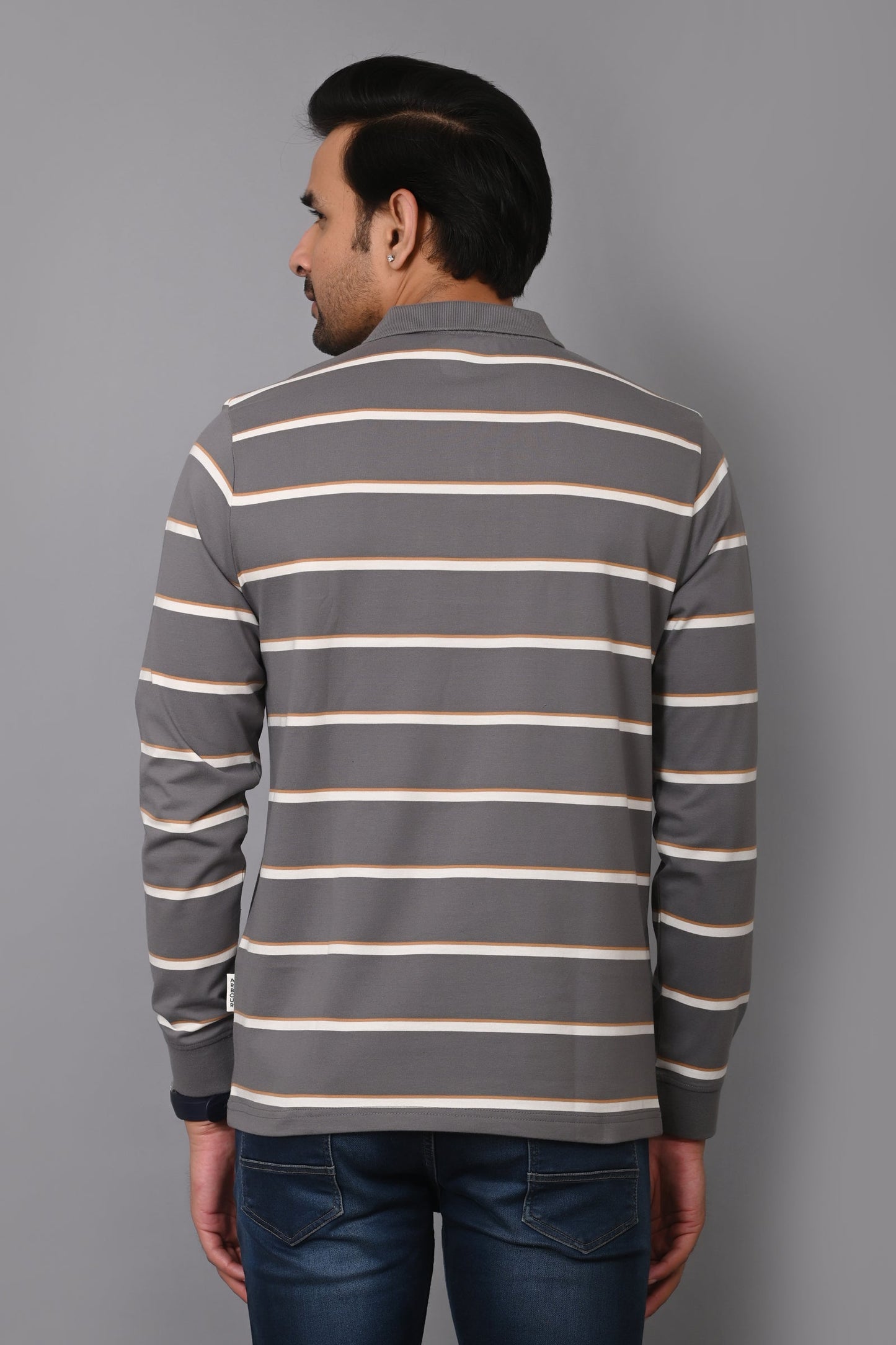 Arbour Men Polo Neck Stripes Pocket Full Sleeves T-Shirt