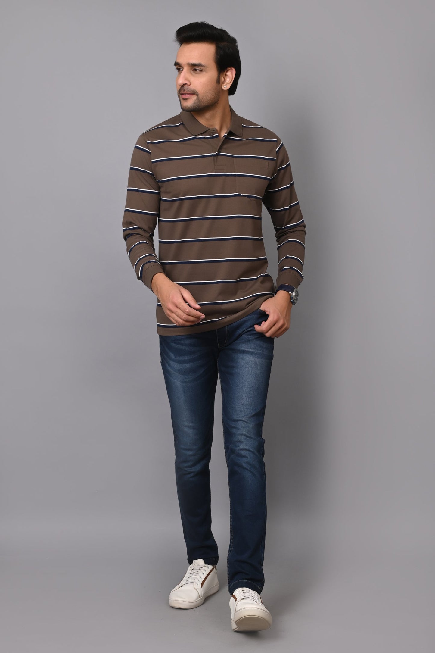 Arbour Men Polo Neck Stripes Pocket Full Sleeves T-Shirt