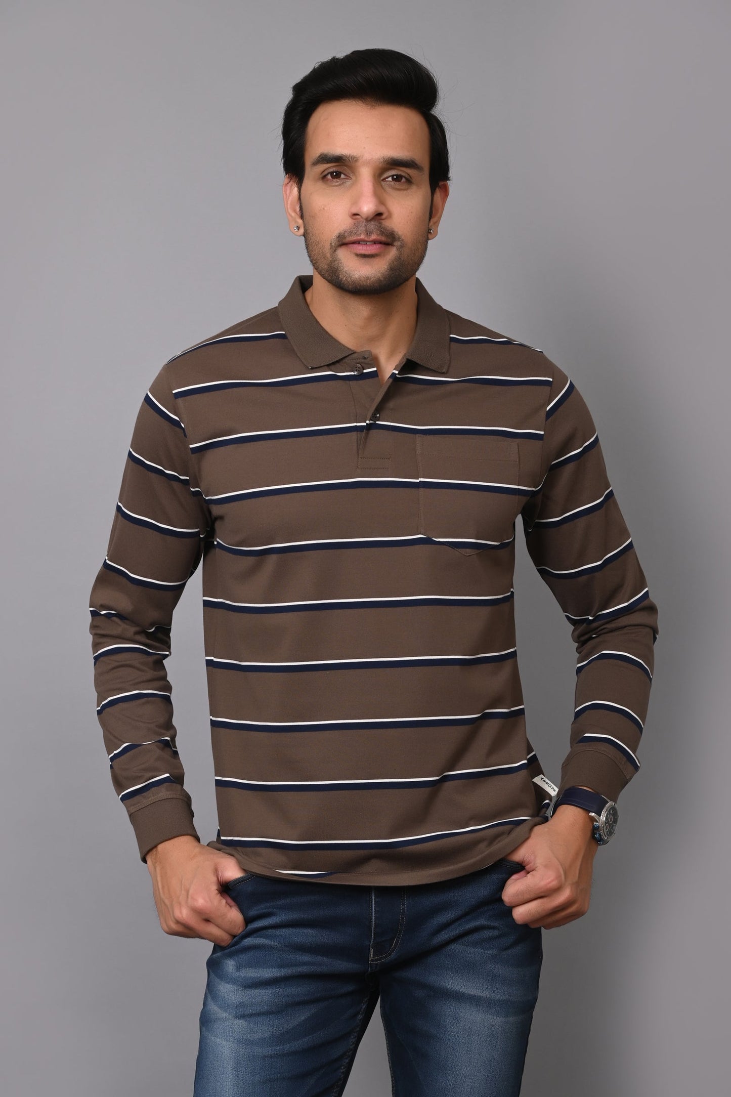 Arbour Men Polo Neck Stripes Pocket Full Sleeves T-Shirt