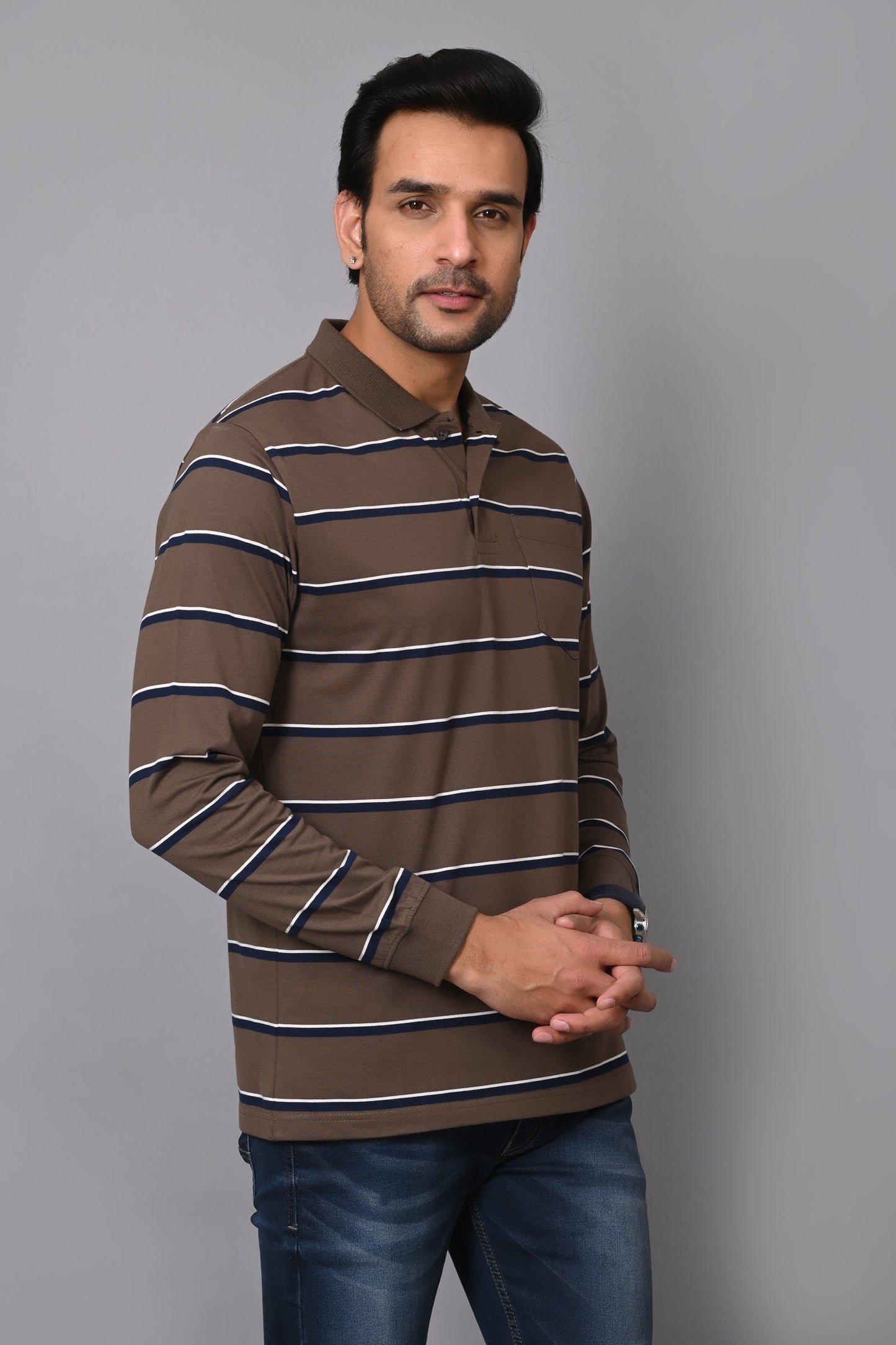 Arbour Men Polo Neck Stripes Pocket Full Sleeves T-Shirt