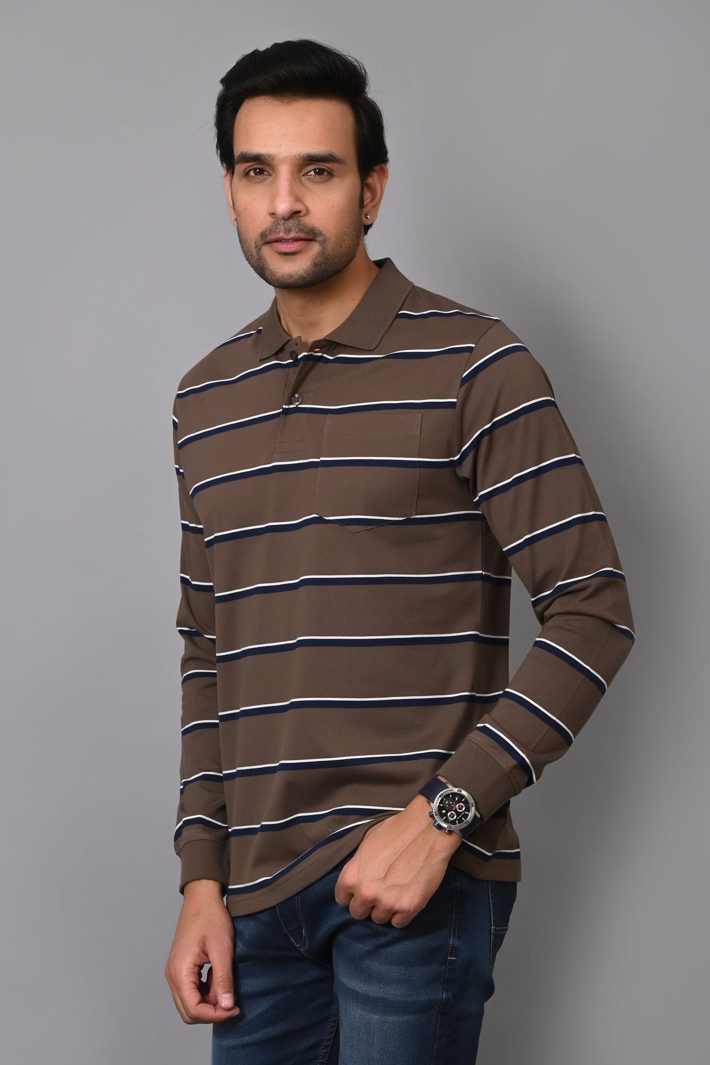 Arbour Men Polo Neck Stripes Pocket Full Sleeves T-Shirt