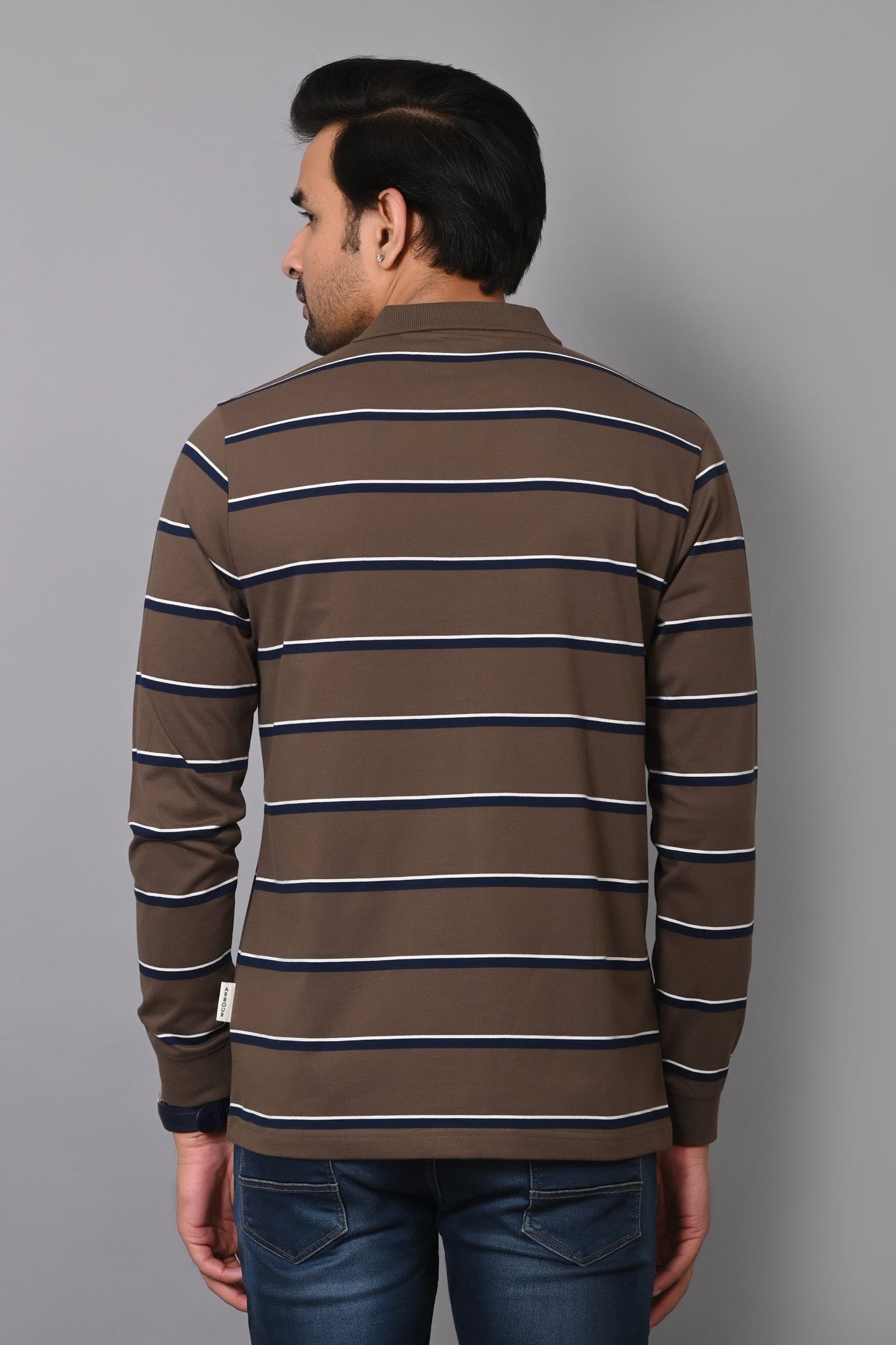 Arbour Men Polo Neck Stripes Pocket Full Sleeves T-Shirt