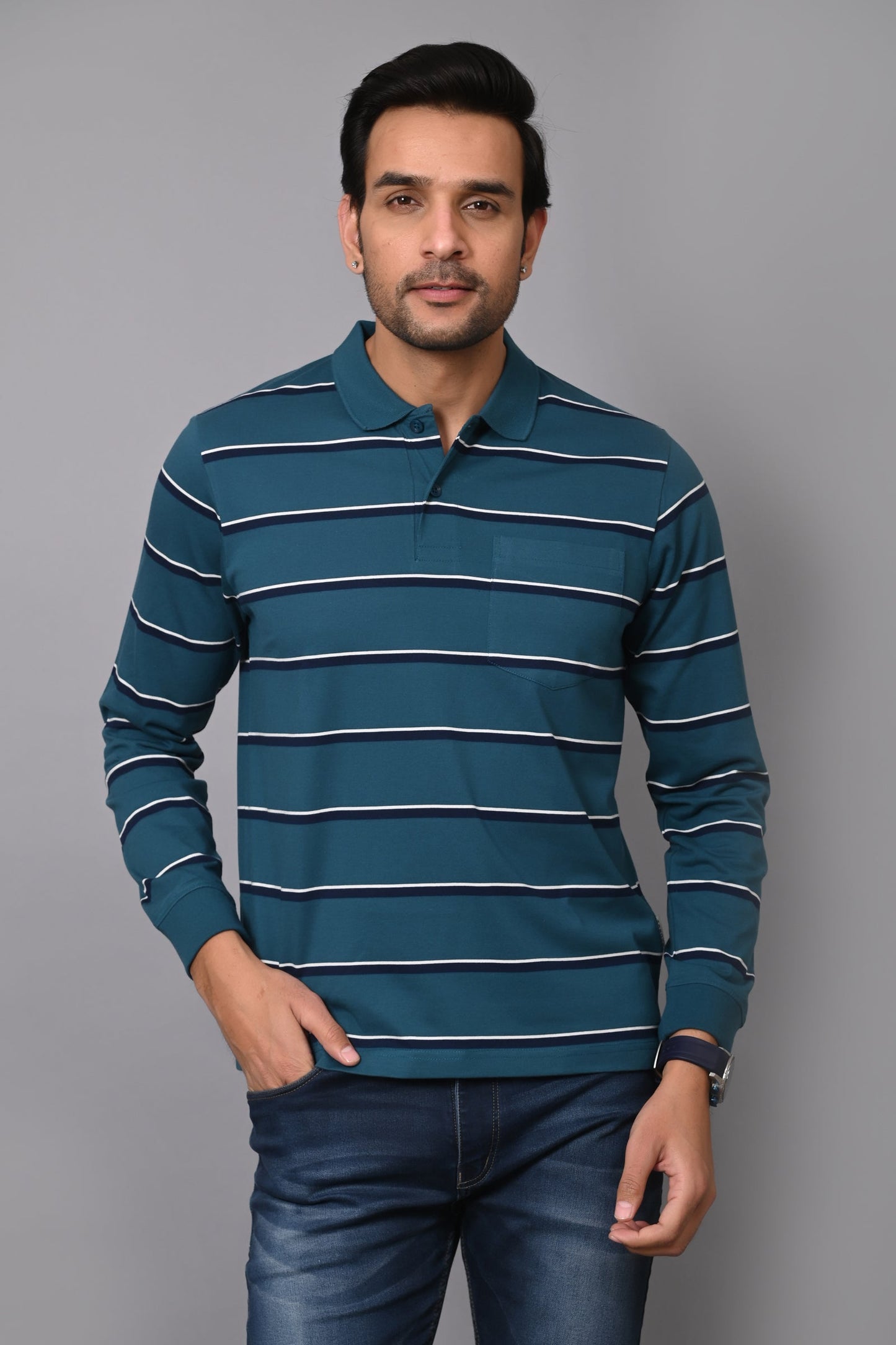 Arbour Men Polo Neck Stripes Pocket Full Sleeves T-Shirt