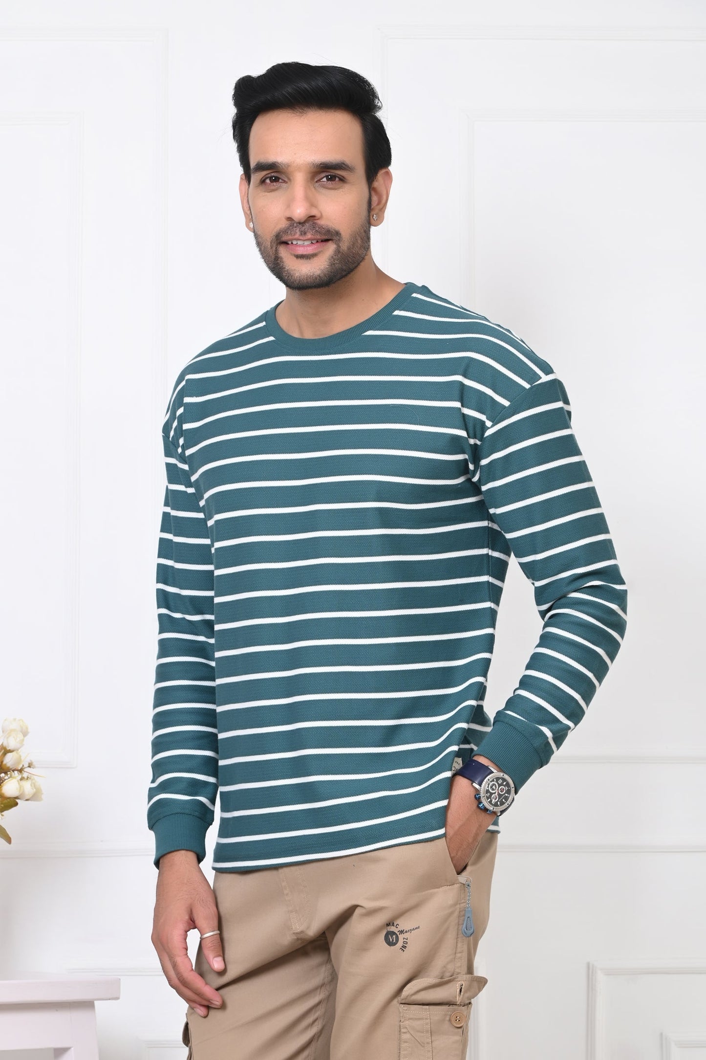 Arbour Men Round Neck Stripes Full Sleeves T-Shirt