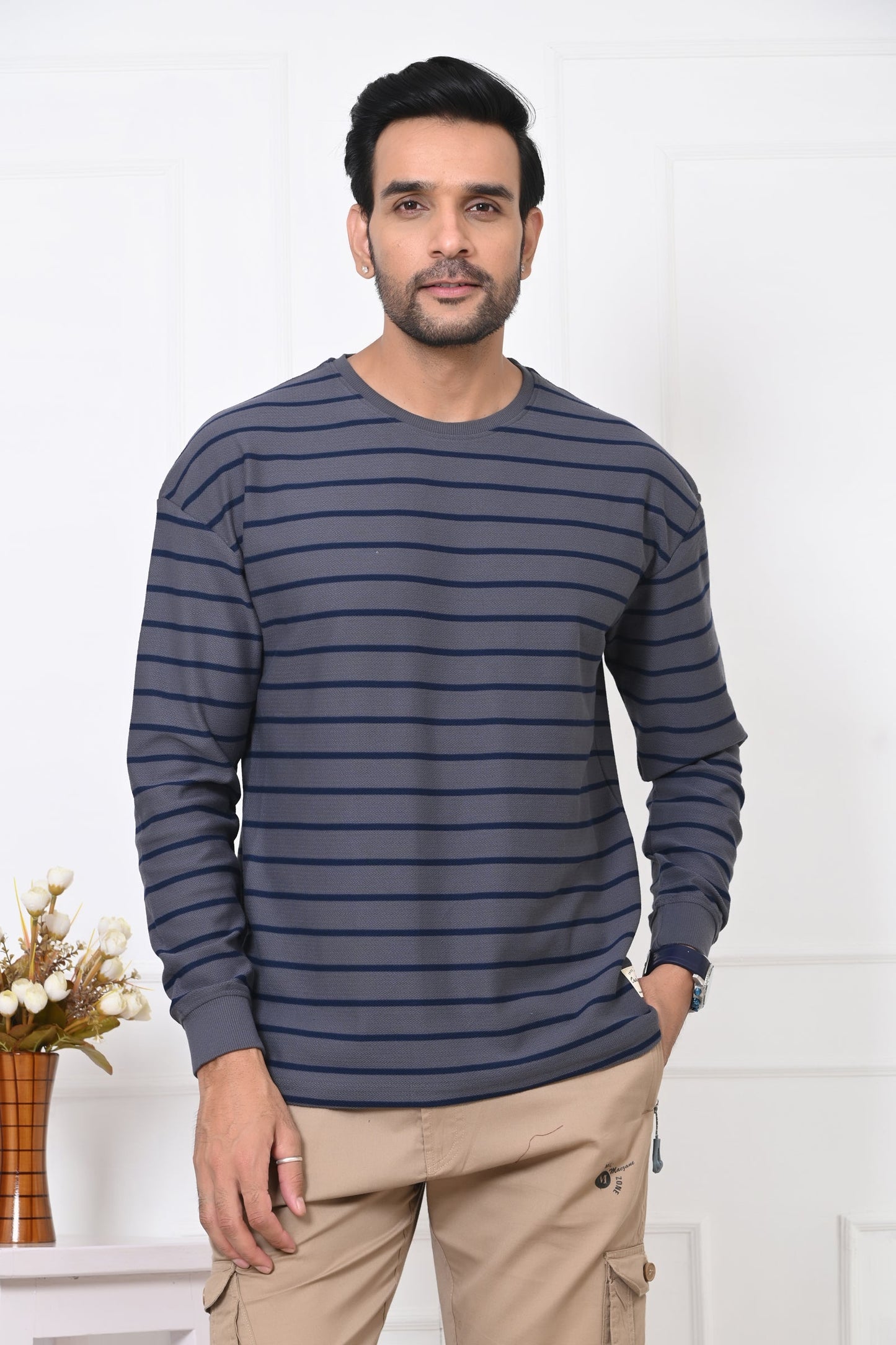 Arbour Men Round Neck Stripes Full Sleeves T-Shirt