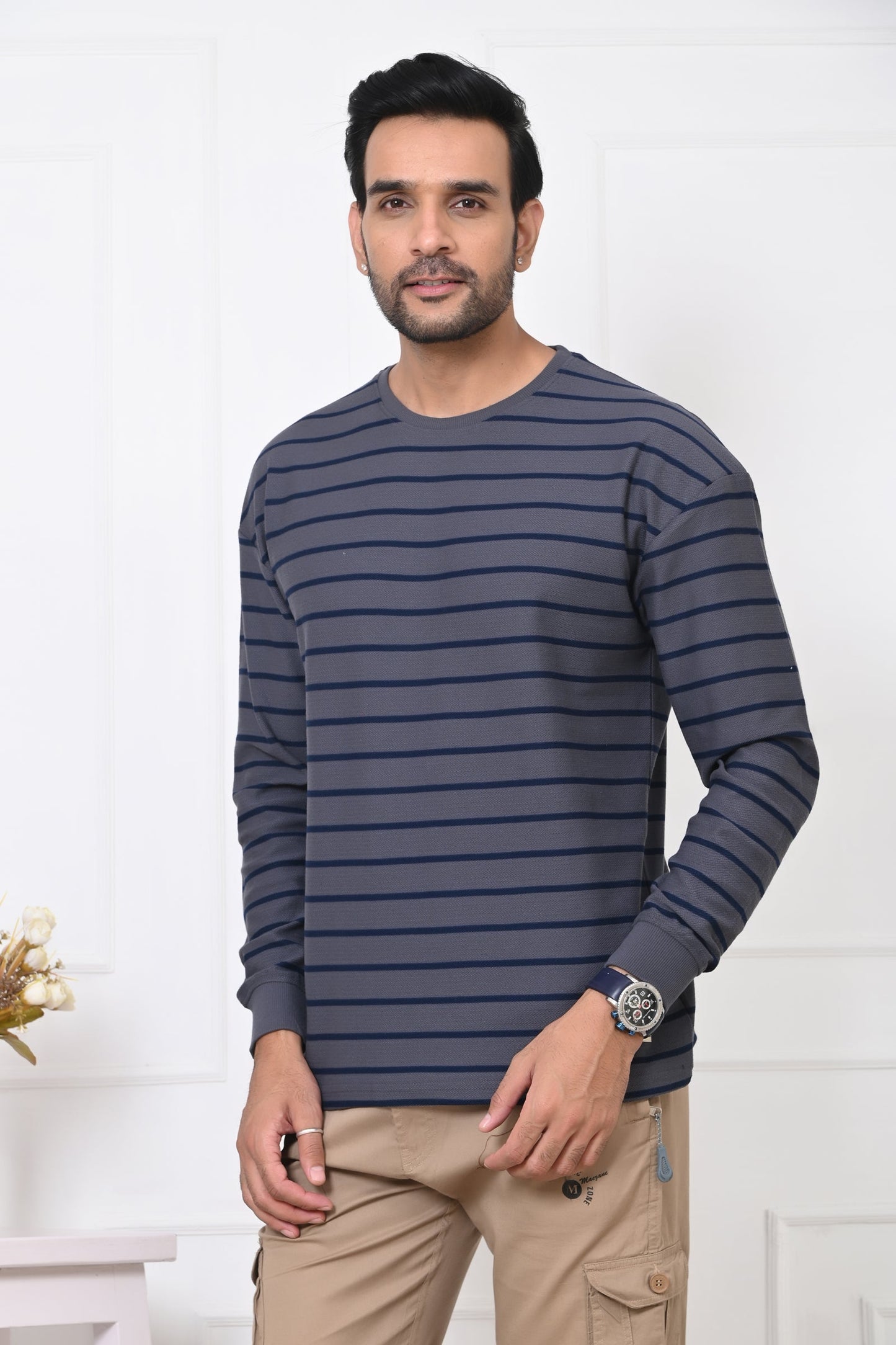 Arbour Men Round Neck Stripes Full Sleeves T-Shirt