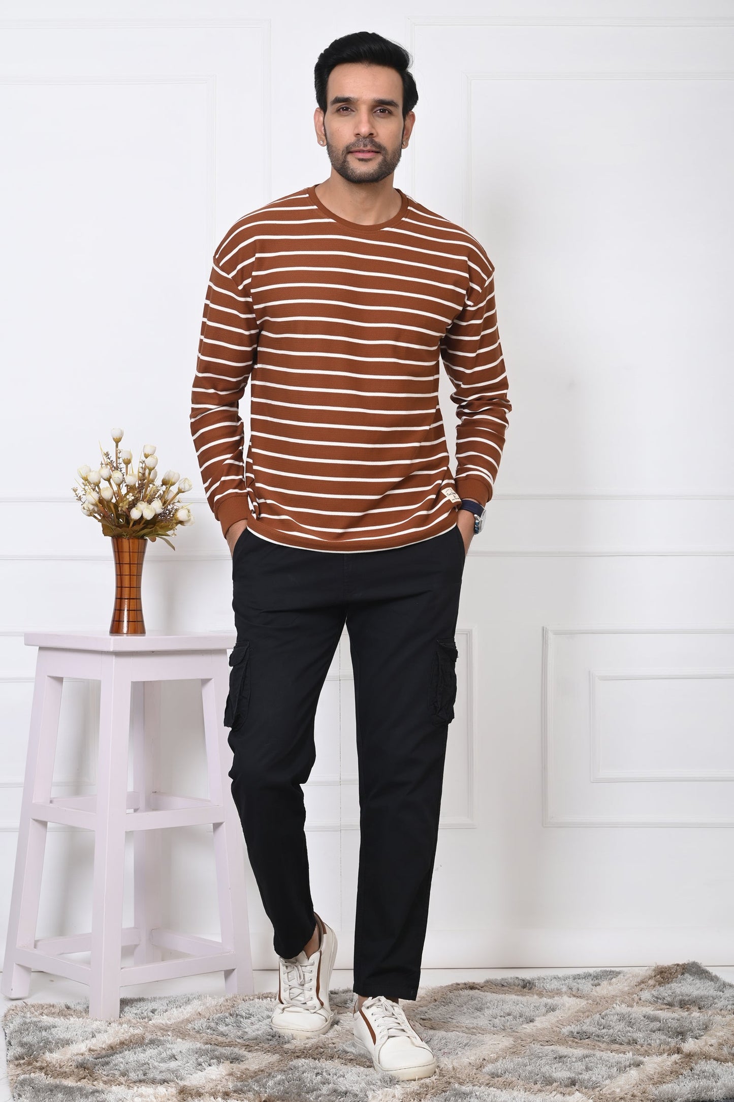 Arbour Men Round Neck Stripes Full Sleeves T-Shirt