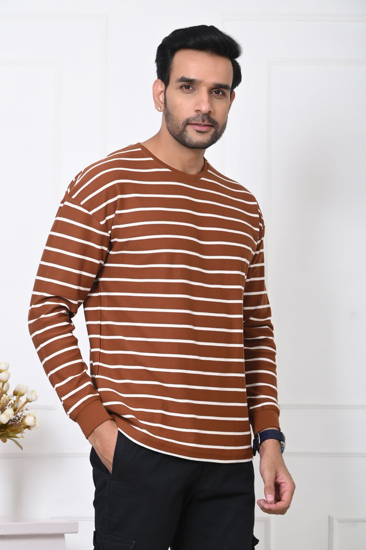 Arbour Men Round Neck Stripes Full Sleeves T-Shirt