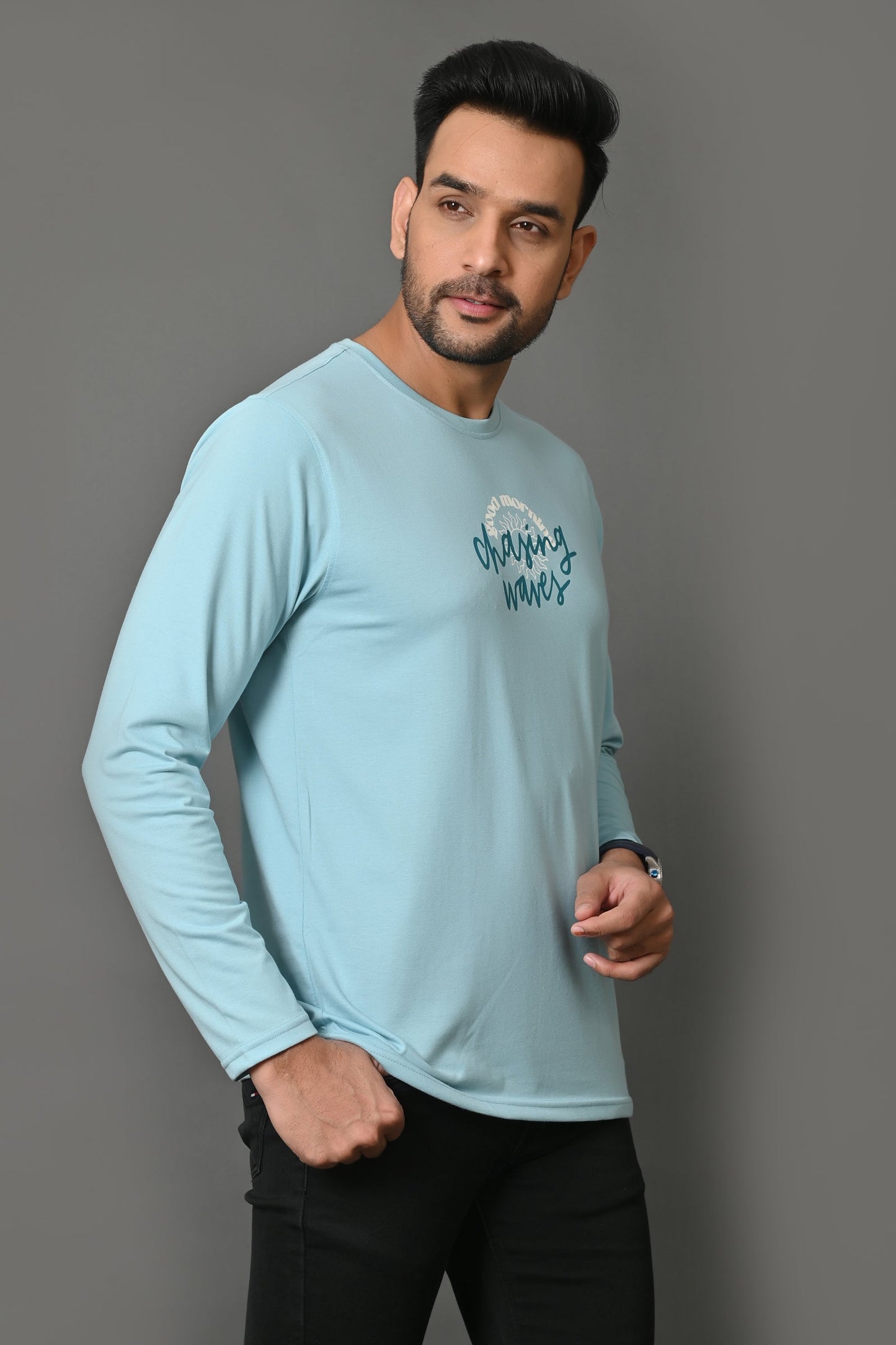 Arbour Men Round Neck Chest & Back Printed Full Sleeves T-Shirt